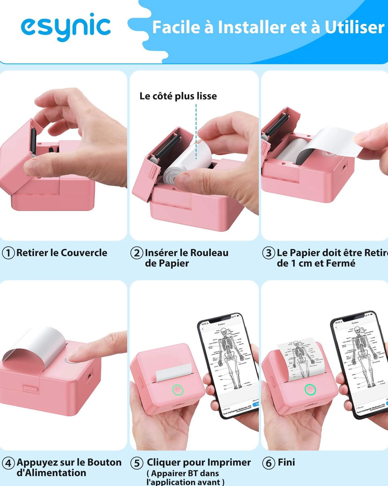 eSynic Mini Imprimante Thermique Portable Noir Blanc Bluetooth Compatible Android iOS