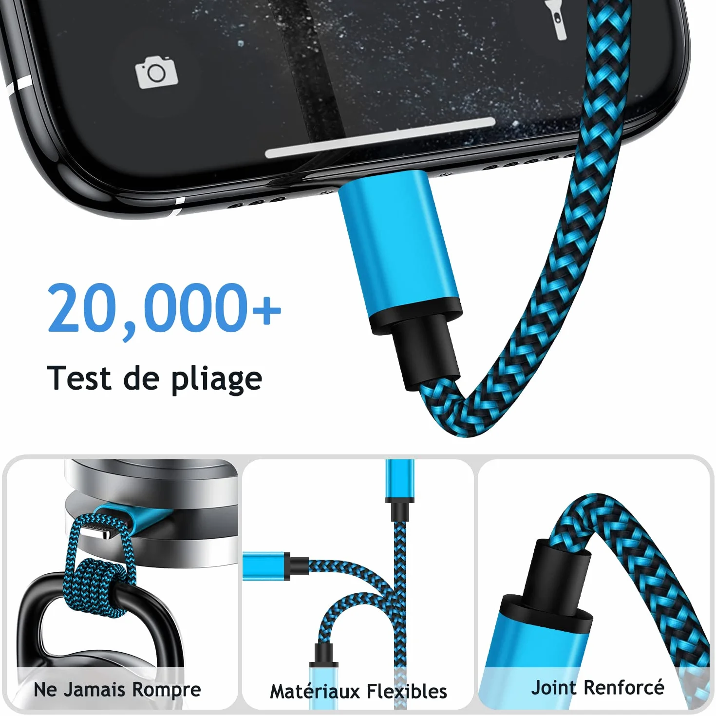 Aioneus Câble iPhone Chargeur Lightning USB MFi Nylon Tressé 2m Lot de 3 Charge Rapide pour iPhone 14 Pro Max 13 12 11 XR XS X 8 7 Plus SE iPad