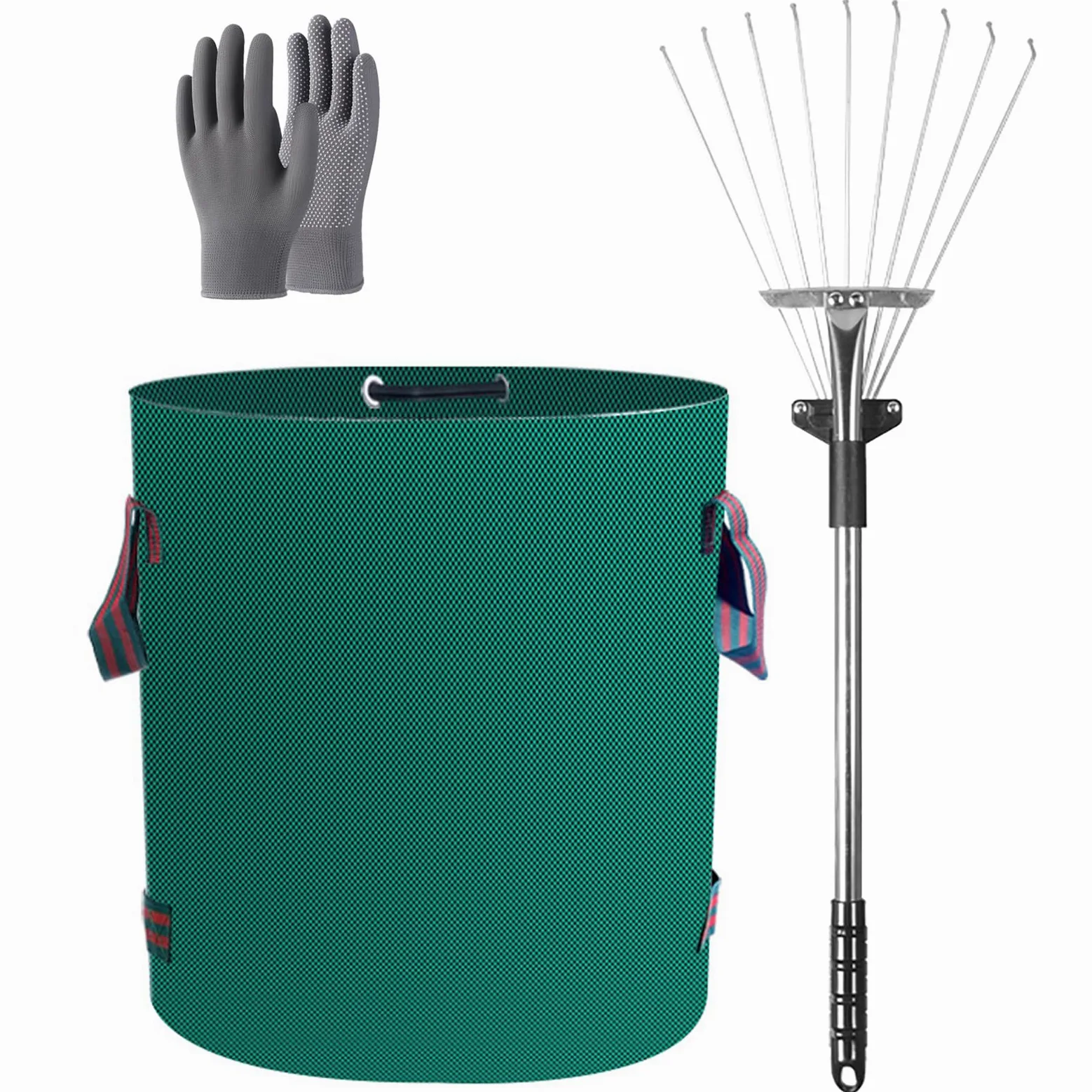 Sac de Jardin Réutilisable, Sac de Déchets de Jardin avec 4 poignées renforcées, avec râteau à Feuilles réglable et Gants de Jardin pour Les Feuilles de Jardin et la Collecte des déchets 272L