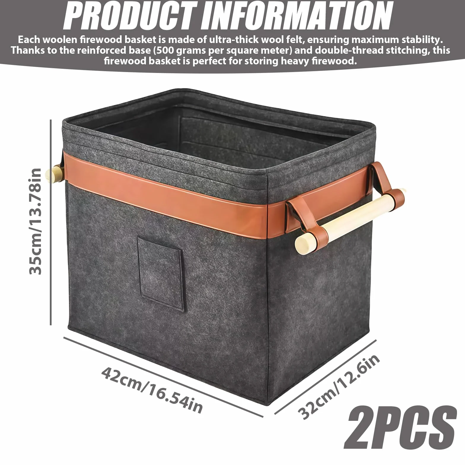 Lot de 2 paniers en feutre pour bois de chauffage 42x32x35 cm gris foncé