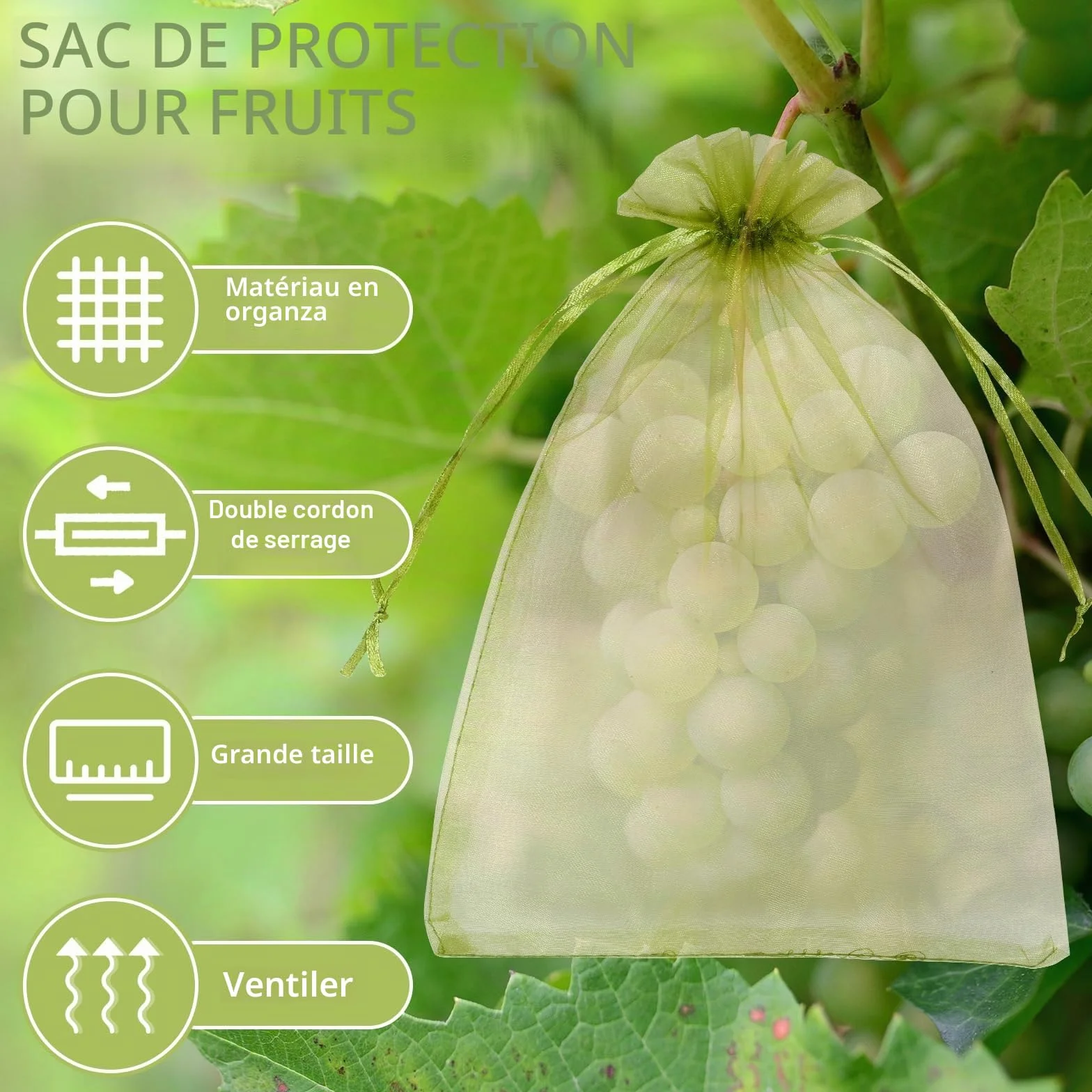 Sacs de protection pour raisins avec cordon de serrage 100 pièces - Réutilisables et respirants pour fruits (23 x 17 cm)