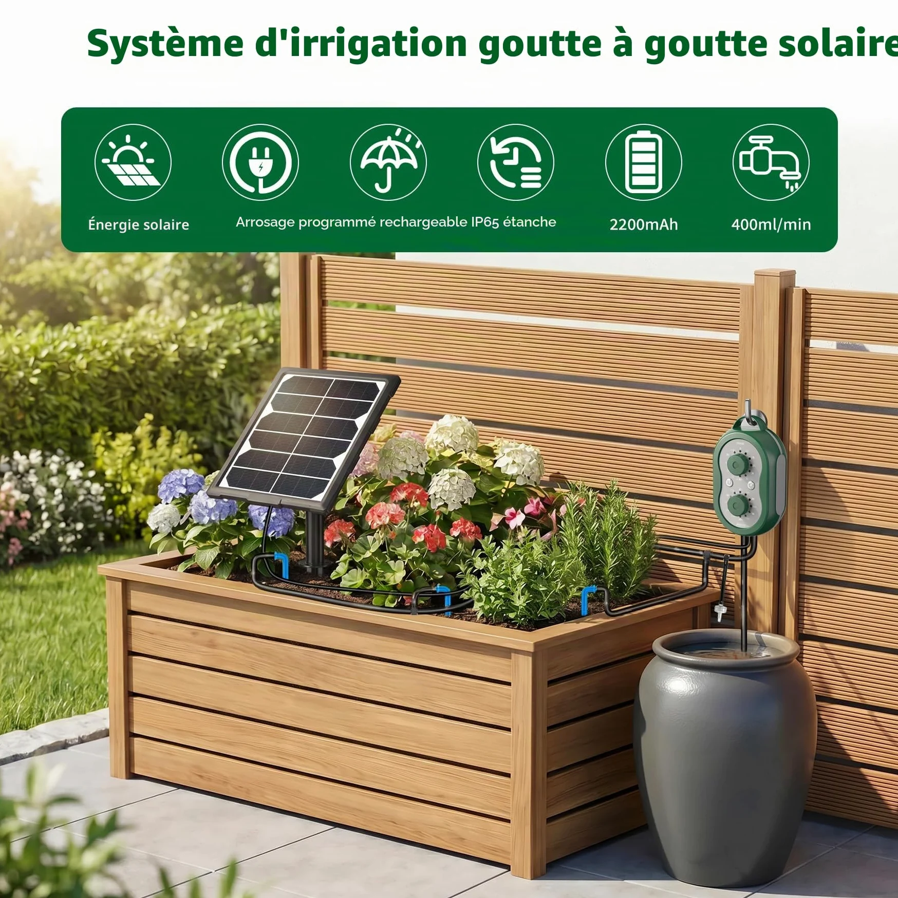 Kit Arrosage Automatique Solaire pour Jardin avec Contrôleur, 2200mAh Rechargeable Système D'irrigation Goutte à Goutte 132 Modes Arrosage Automatique pour Jardin, Balcon, Pelouse