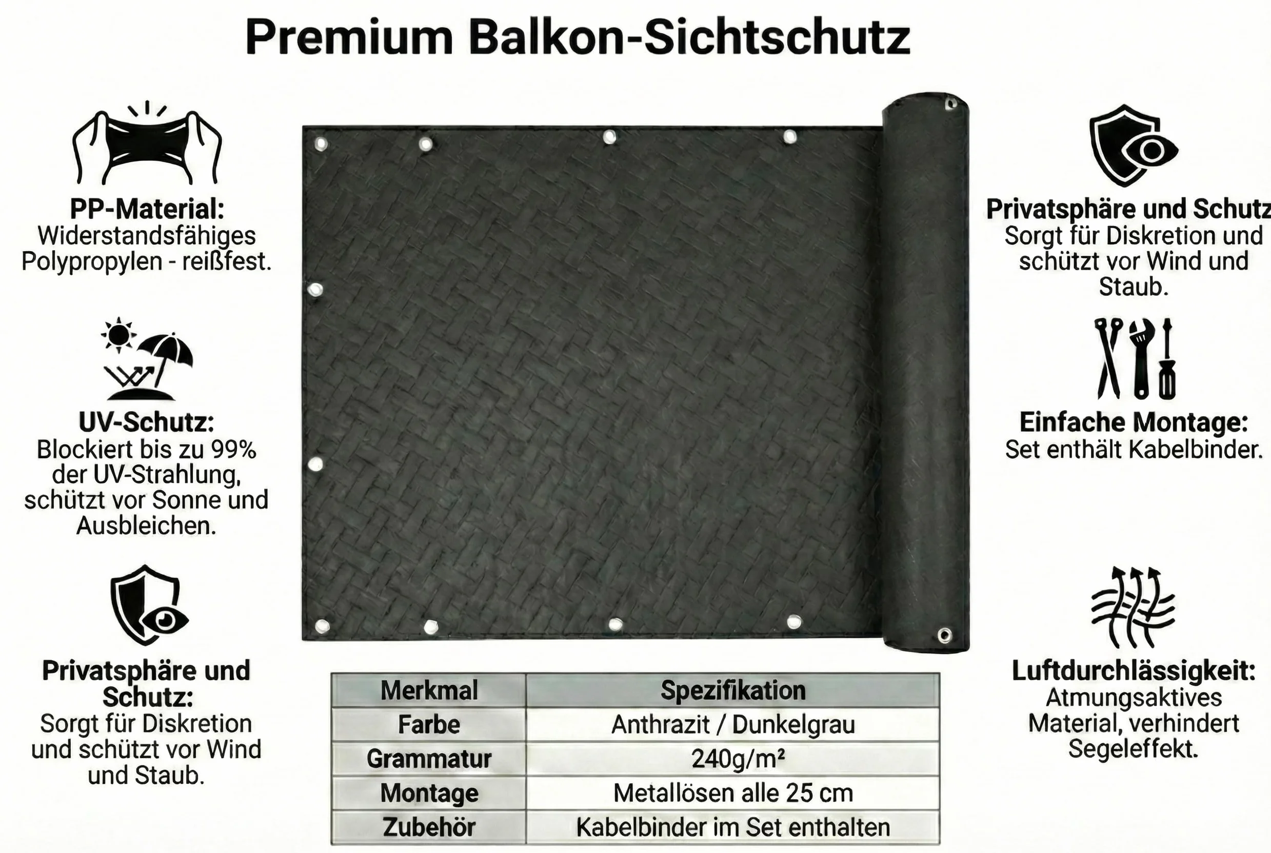 COVER IT Brise-Vue pour Balcon Premium 240 g/m² 50 x 700 cm Écran de confidentialité Tissage gaufré Graphite