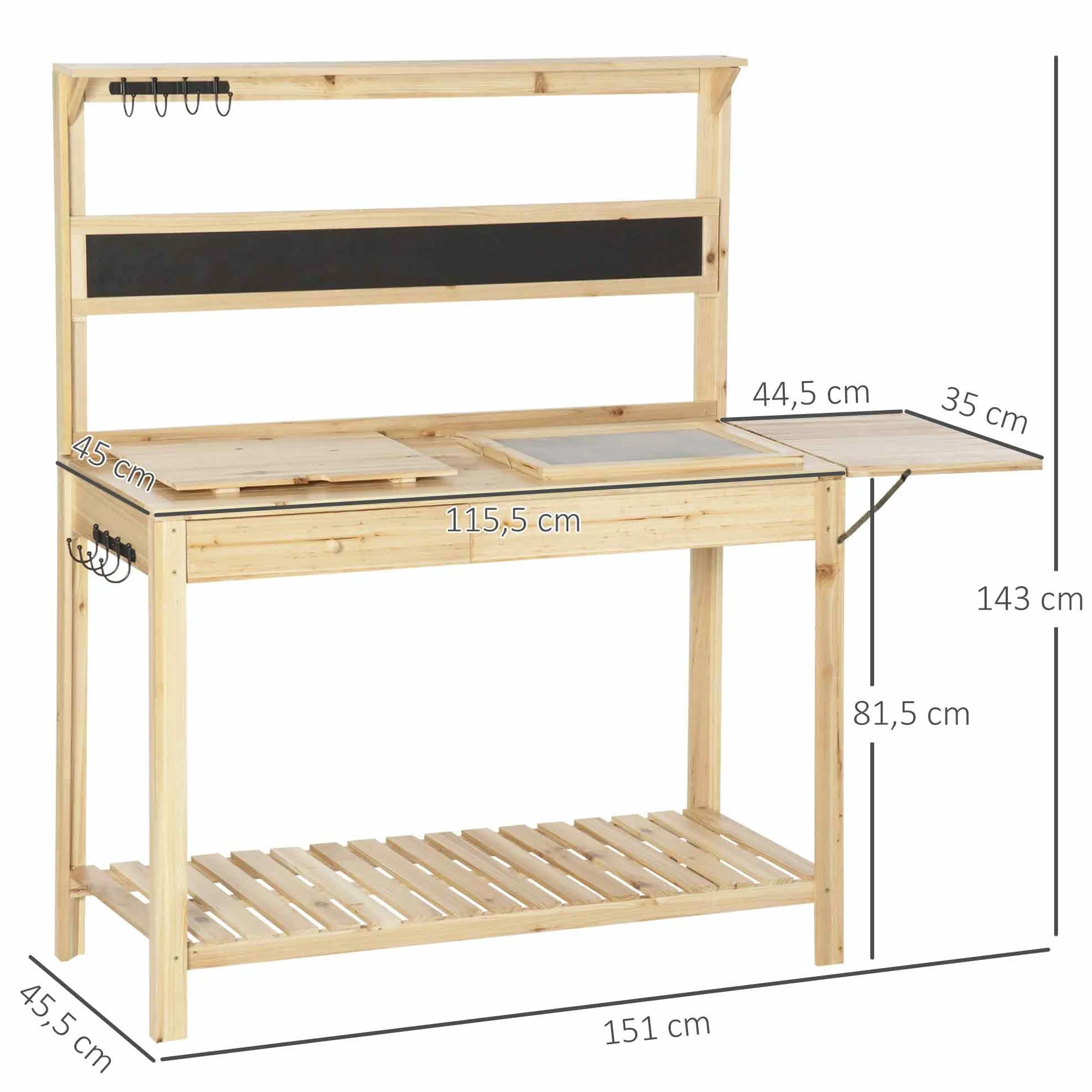 Outsunny Table de rempotage de jardin avec 2 étagères, tiroir, étagère pliante, 8 crochets, évier, tamis, planche en bois d'épicéa