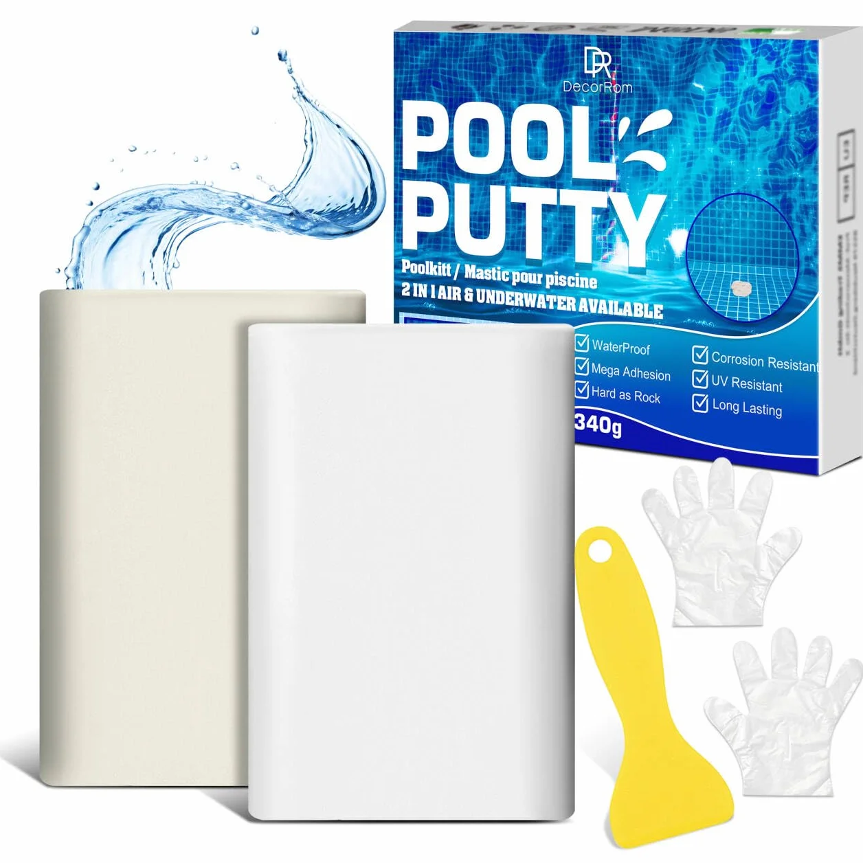 Mastic époxy 340g réparation rapide piscine sous l'eau sur l'eau 2 parties argile gravée métal carreaux plastique