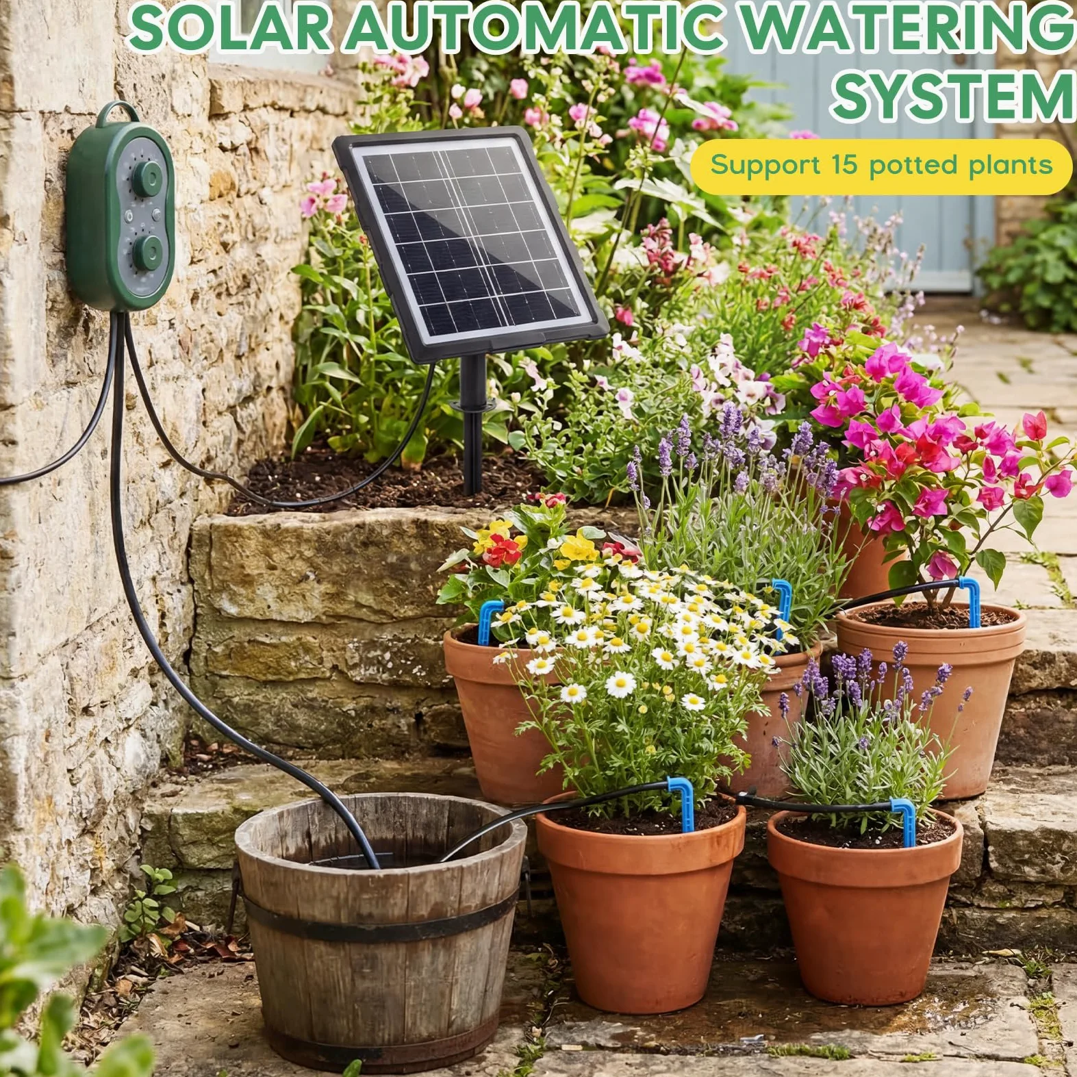 Arrosage Goutte a Goutte Solaire, Kit D'irrigation Automatique Solaire 3W, Arrosage Système Automatique avec Minuterie Intégrée pour 15 Pots pour Intérieur et Exterieur Balcon Jardin Plante