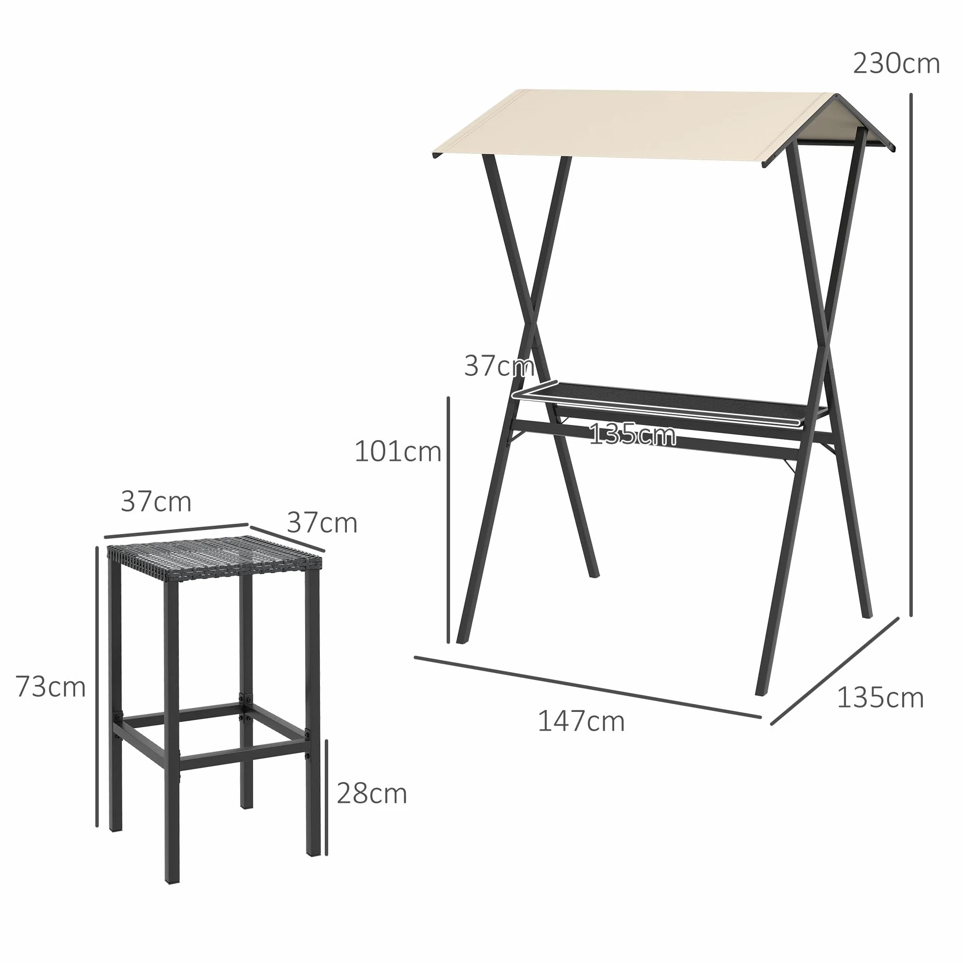 Outsunny Ensemble de bar de jardin en rotin 4 tabourets table haute avec toit acier noir