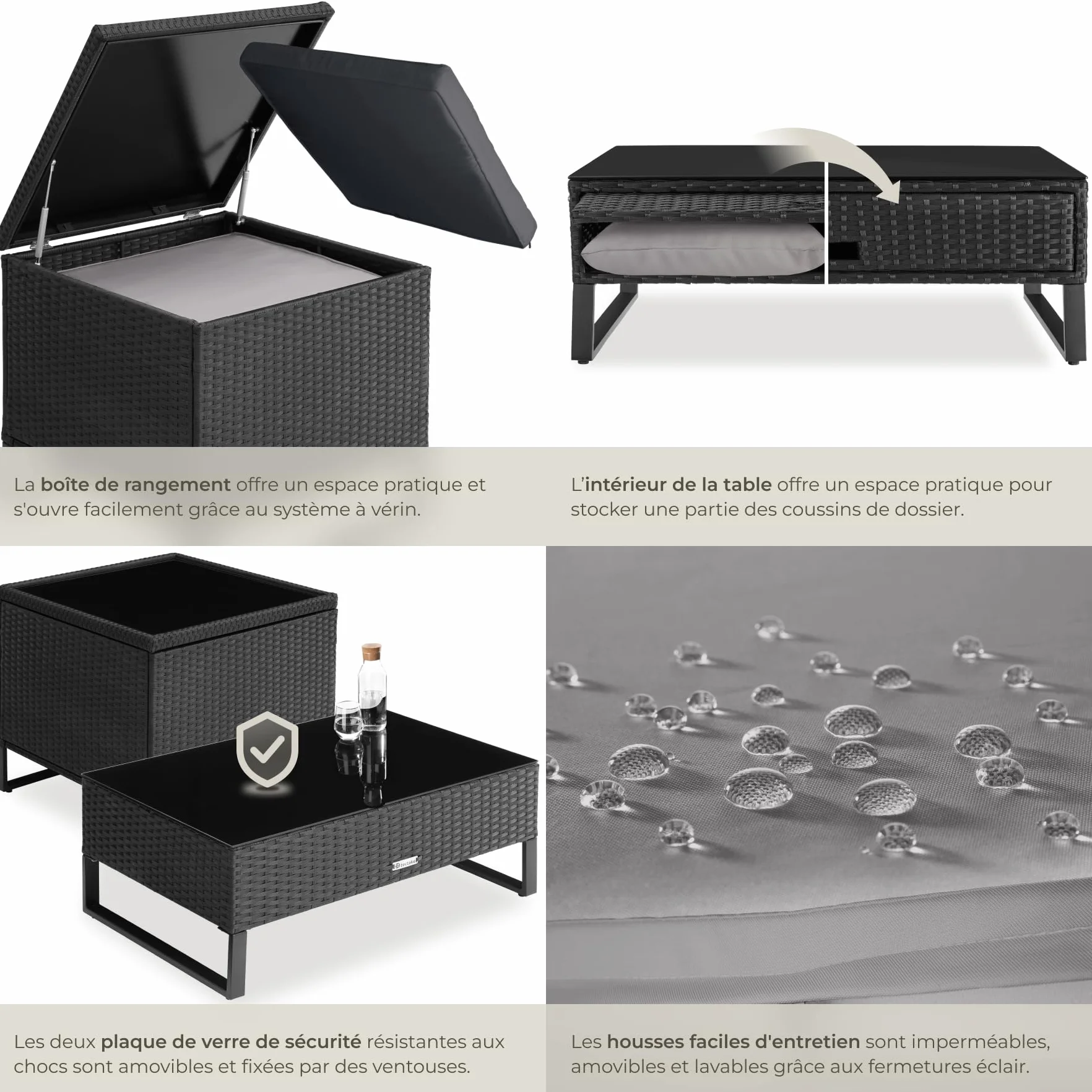 Tectake Ensemble Salon de Jardin Exterieur Modulable en Rotin, Canape 4 Places, Table Basse Verre, Coffre Rangement, Coussins Inclus