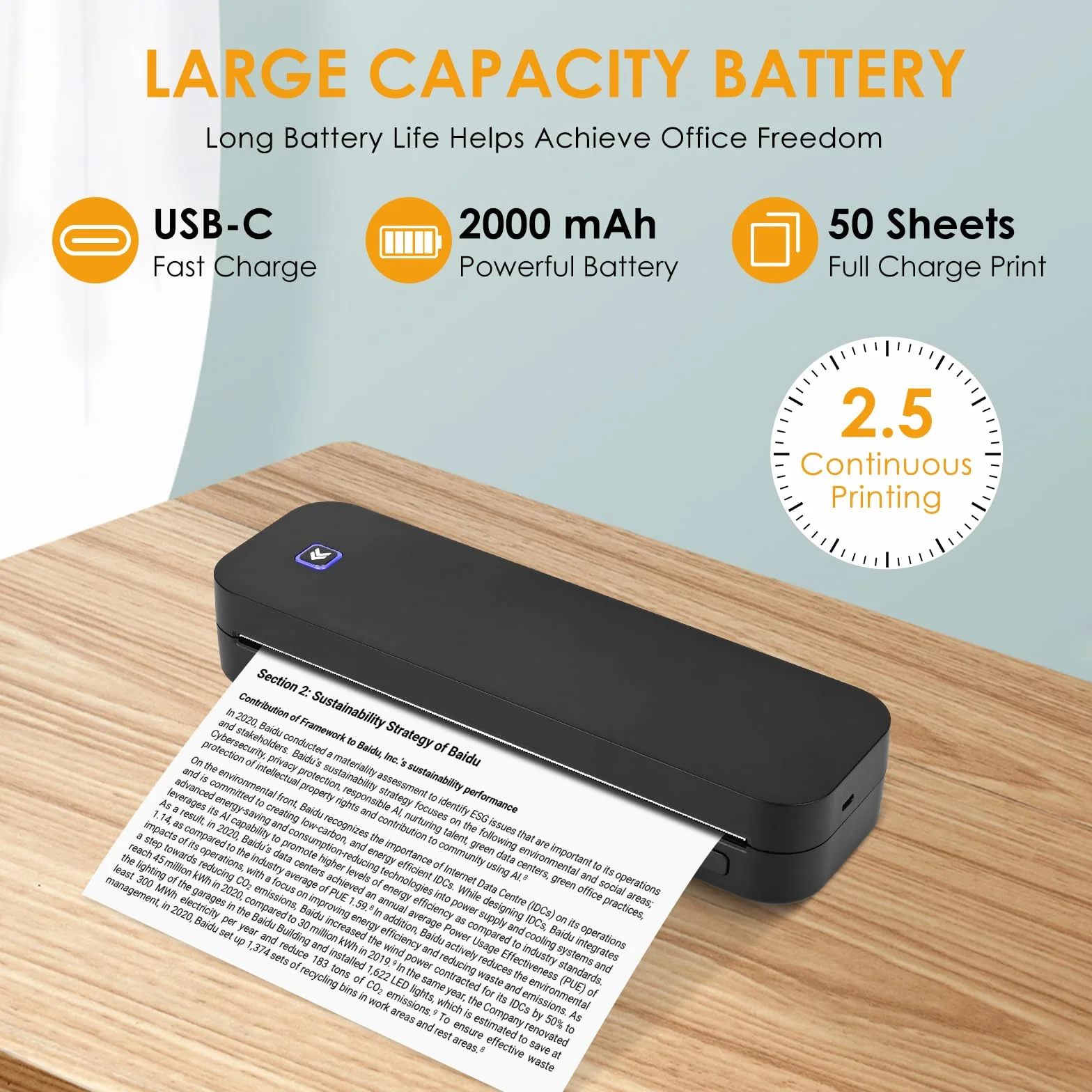Imprimante Portable A4 Bluetooth Thermique Compacte, Compatible Android iOS, 210x297mm, Noir
