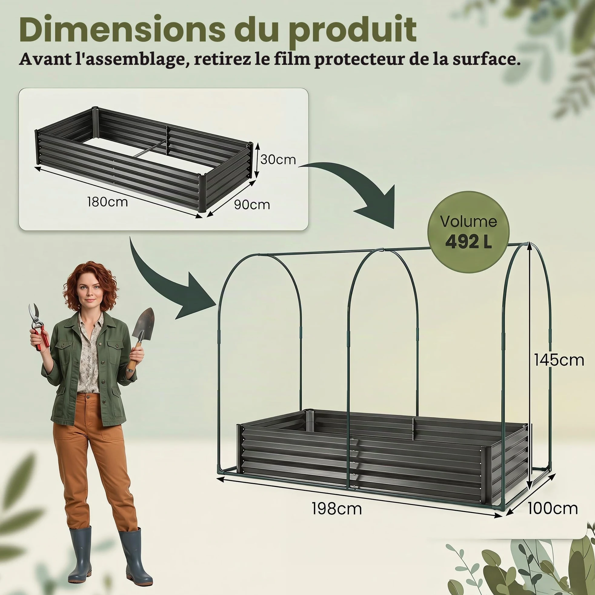 HOMASIS Serre 2 en 1 avec Plate-Bande Surélevée, Protection hivernale, Serre Froide en Métal et Film PVC avec 2 Fenêtres, pour Jardin et Balcon (198 x 100 x 145 CM,Argent)