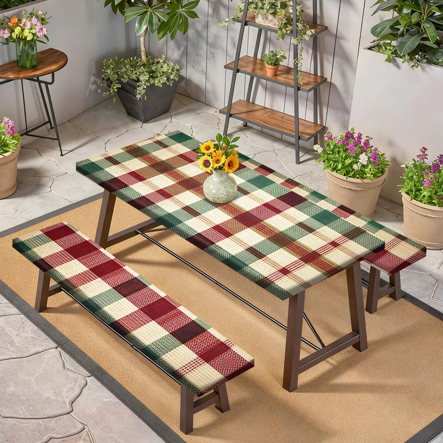 Nappe Table Pique Nique 6FT Carreaux Rouge Vert Lot de 3, Housse Imperméable Extérieur 72"x30" avec Housses Banc