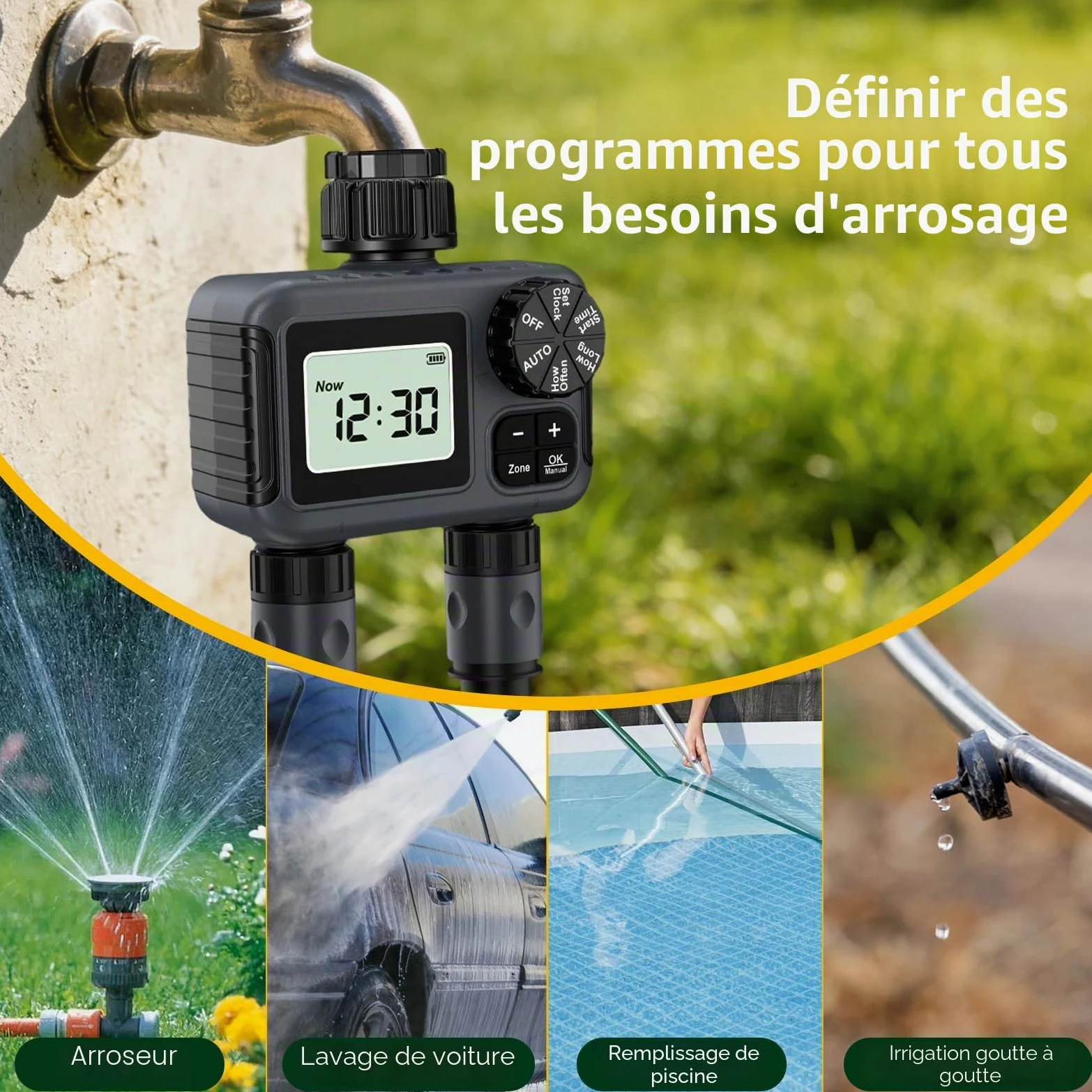 Ordinateur D'arrosage 2 Voies, Minuterie D'eau 2 Sorties avec Retard de Pluie/Mode Automatique et Manuel, IPX5 Étanche Programmateur Arrosage Connecté Minuterie D'irrigation pour Jardin Pelouse