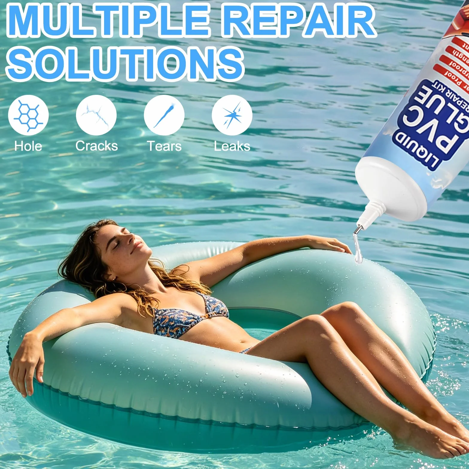 Kit de Réparation Piscine 100ML, Rustine Imperméable avec 15 Patchs & Accessoires, Colle PVC