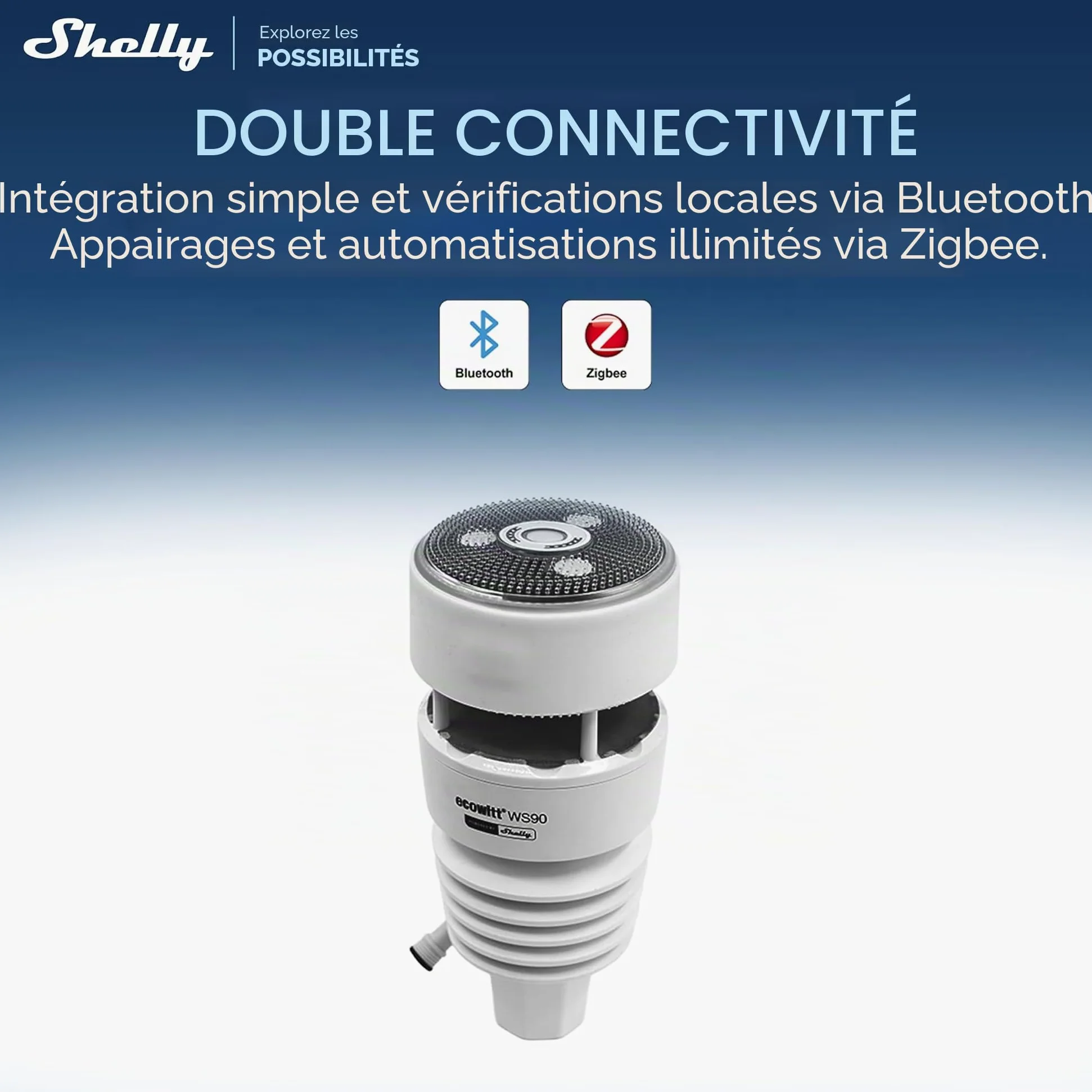Ecowitt WS90 – Station météo sans fil extérieure, alimentée par Shelly, Bluetooth et Zigbee, Thermomètre et hygromètre connecté, Mesure vent, pluies, UV, Baromètre, IPX5, Aliemntation solaire