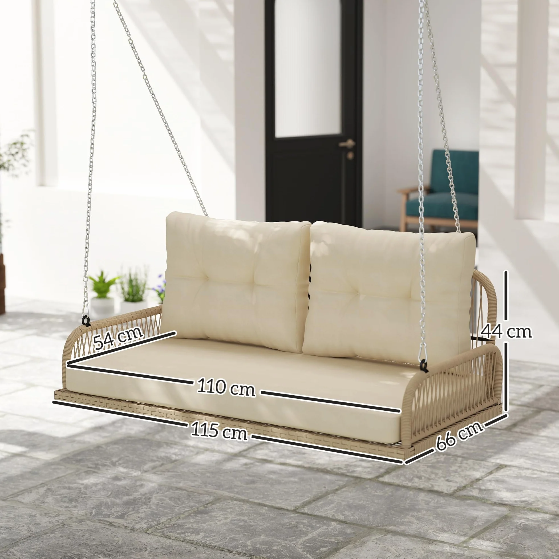 Outsunny Balancelle de Jardin en Résine Tressée 2 Places avec Coussins Amovibles, Charge 240 kg, 115x66x44cm, Beige