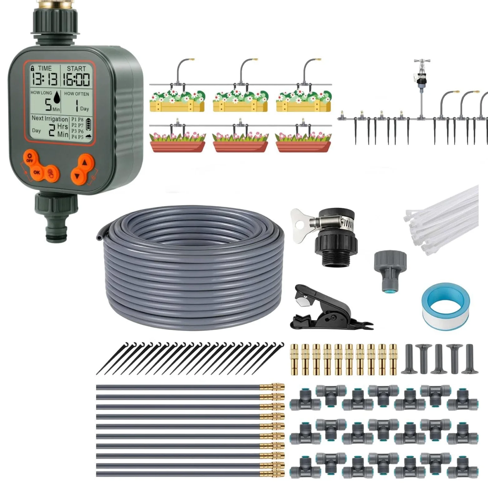 Système d'Irrigation Jardin 20M Tuyau avec Programmateur Arrosage Automatique, Retard de Pluie Minuterie d'arrosage, 8 programmes Grand Écran LCD, Kit Arrosage Micro Irrigation Goutte à Goutte