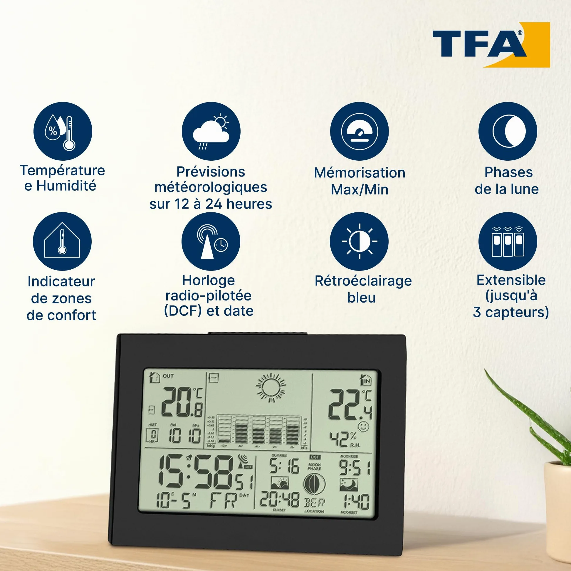 TFA Dostmann Station météo sans fil Horizon, 35.1155.01, avec capteur extérieur, phase de lune, pression atmosphérique, lever/coucher du soleil, prévisions météo, horloge radio-pilotée, noir