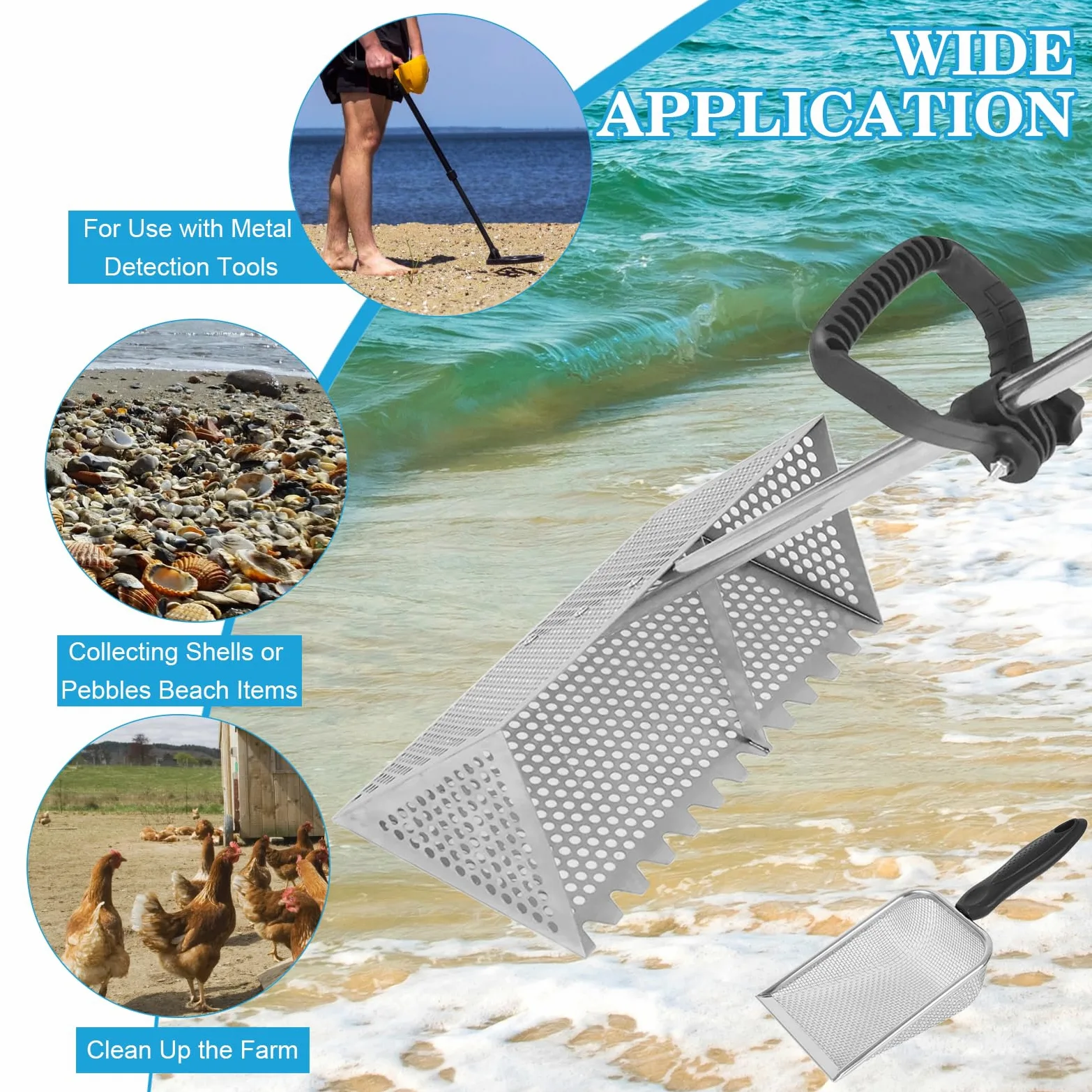 Râteau à puces de sable amovible à long manche pour plage à dents tranchantes - Panier large - Attrape-puces de sable en acier inoxydable - Attrape-crabes de sable pour les voyages