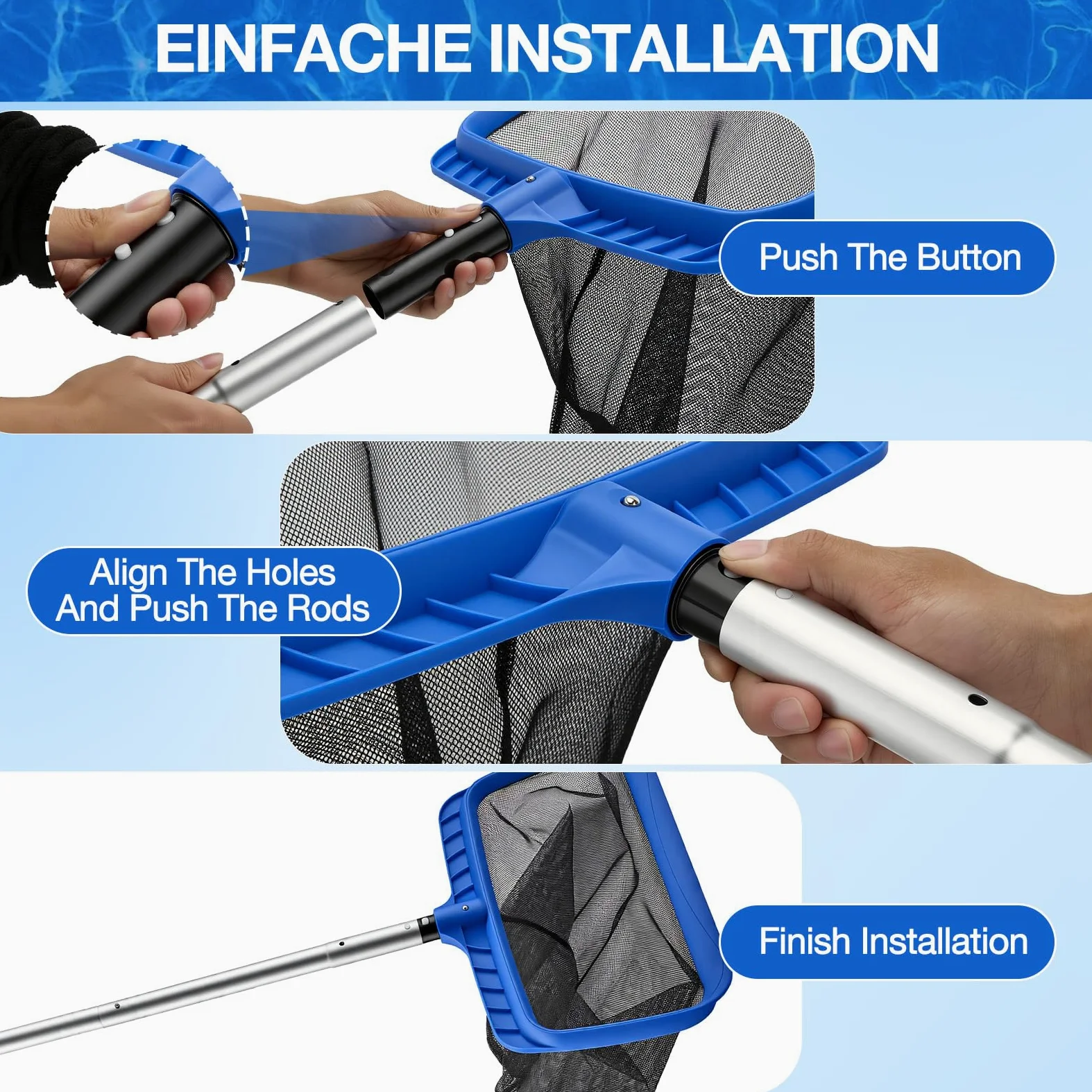 Kit de Nettoyage pour Piscine - Épuisette Piscine à Mailles Extra Fines et Brosse Piscine 45cm avec Manche 4 Sections pour Skimmer, Ramassage Feuilles - Accessoire Piscine Hors Sol