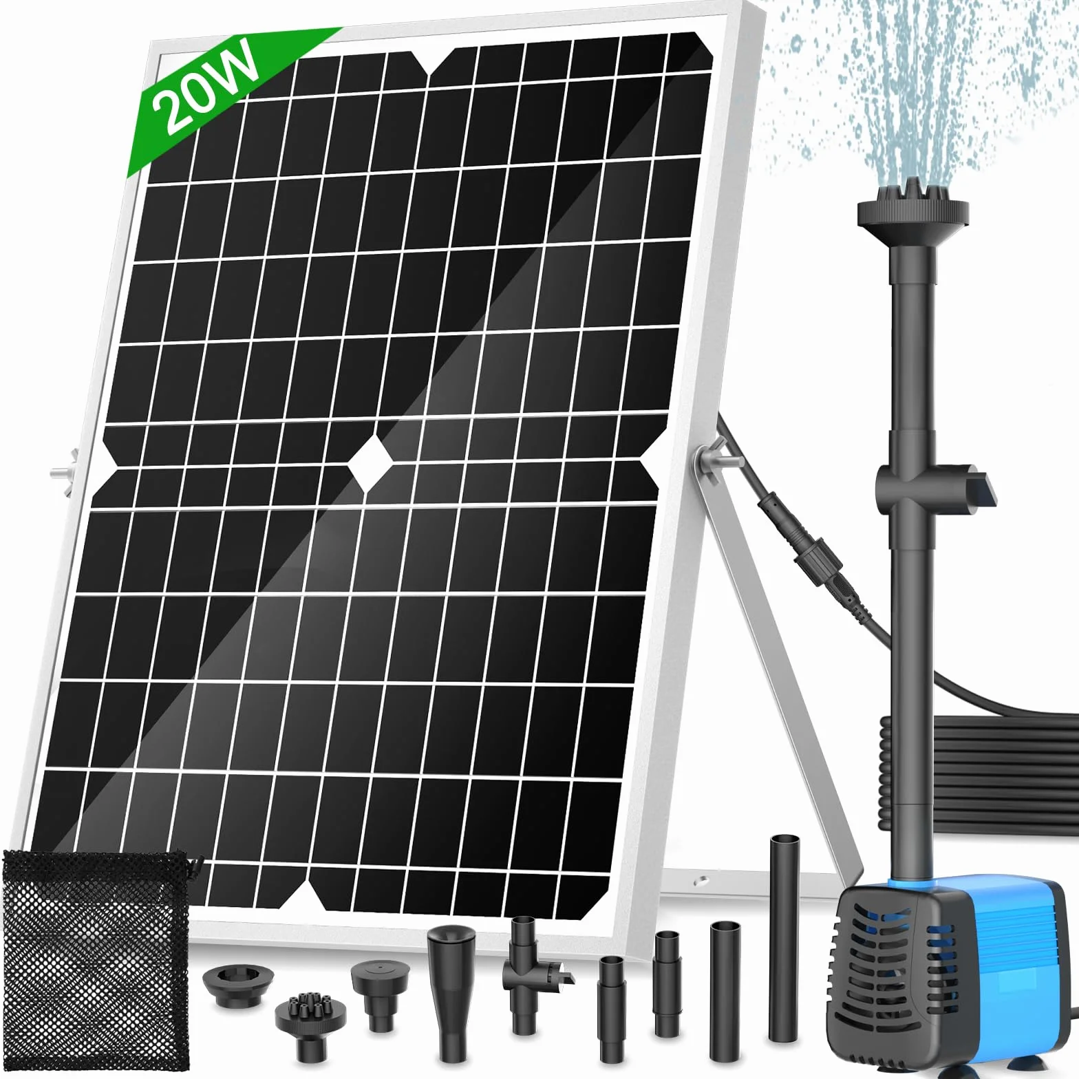 Pompe solaire pour étang 20 W, débit 1300 L/h, câble extensible de 5 m, 4 modèles de pulvérisation et sac de filtration – Idéale pour les étangs et les installations d’eau