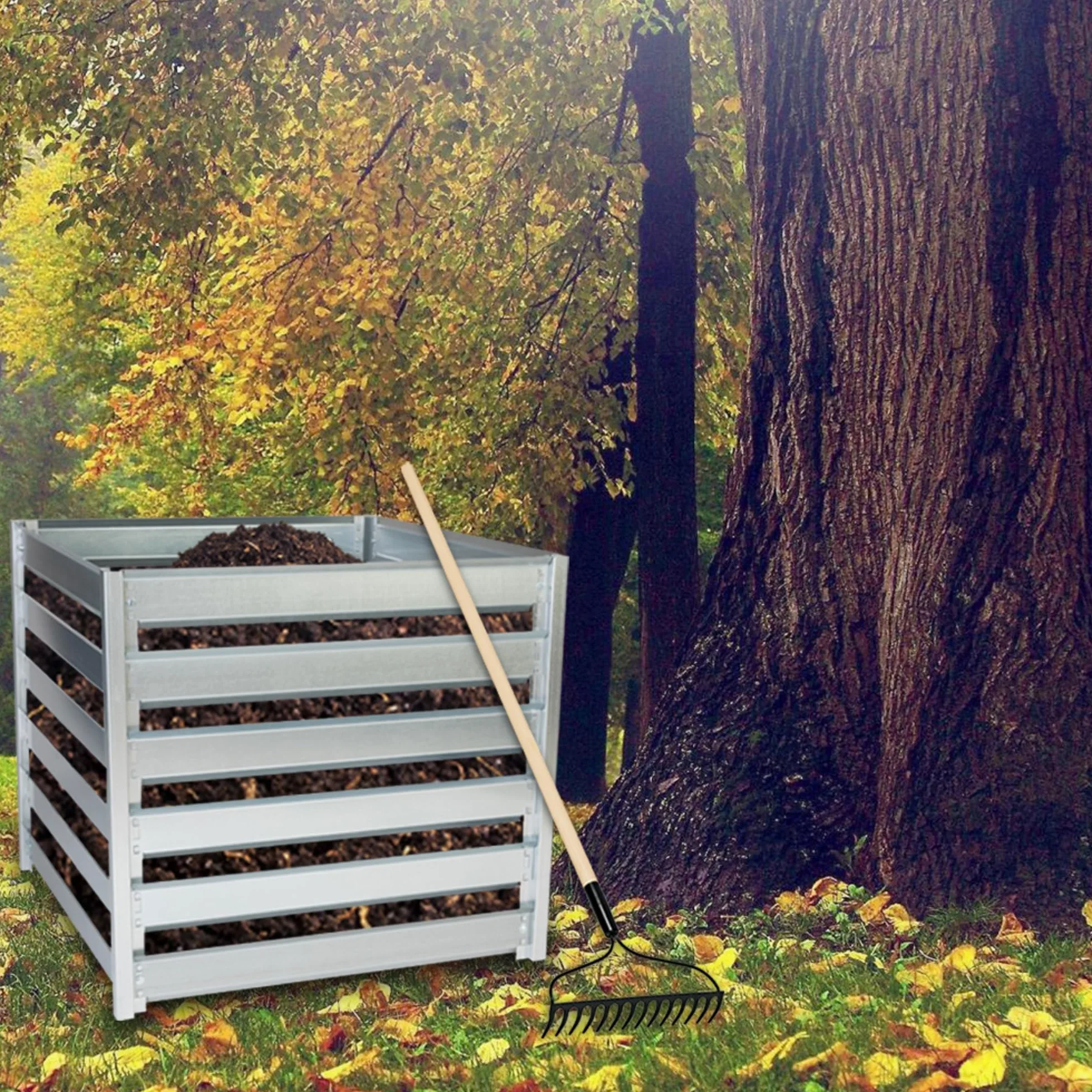 Composteur de Jardin Métal 704L TIMBELA M800 – Grand Composteur Extérieur en Acier Galvanisé 91 x 91 x H85 cm – Bac à Compost Stable et Résistant