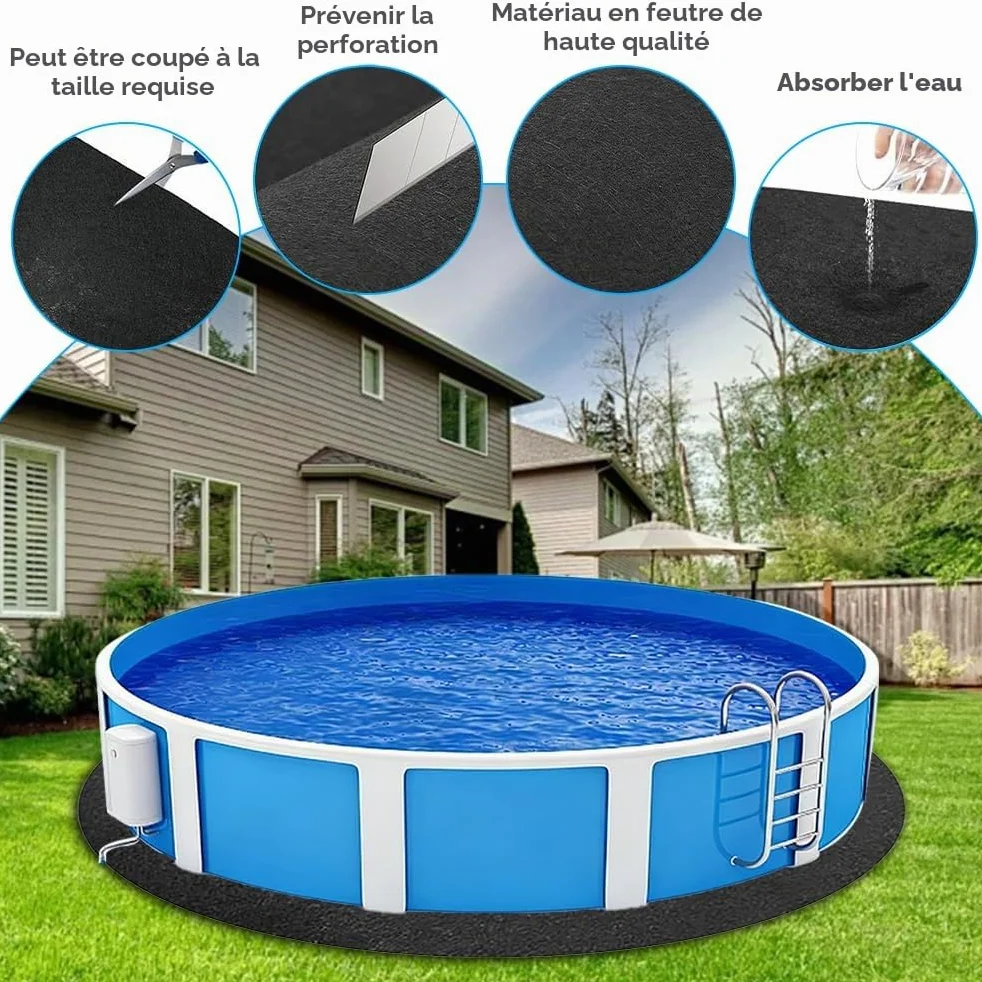 Tapis de Piscine Rond, 10ft 305cm Tapis de Revêtement de Sol de Piscine, Pliable Tapis de Sol pour Piscine et Bains, für Frame Pools, Pool Unterlage Outdoor, Hôtels, Villas(Noire)