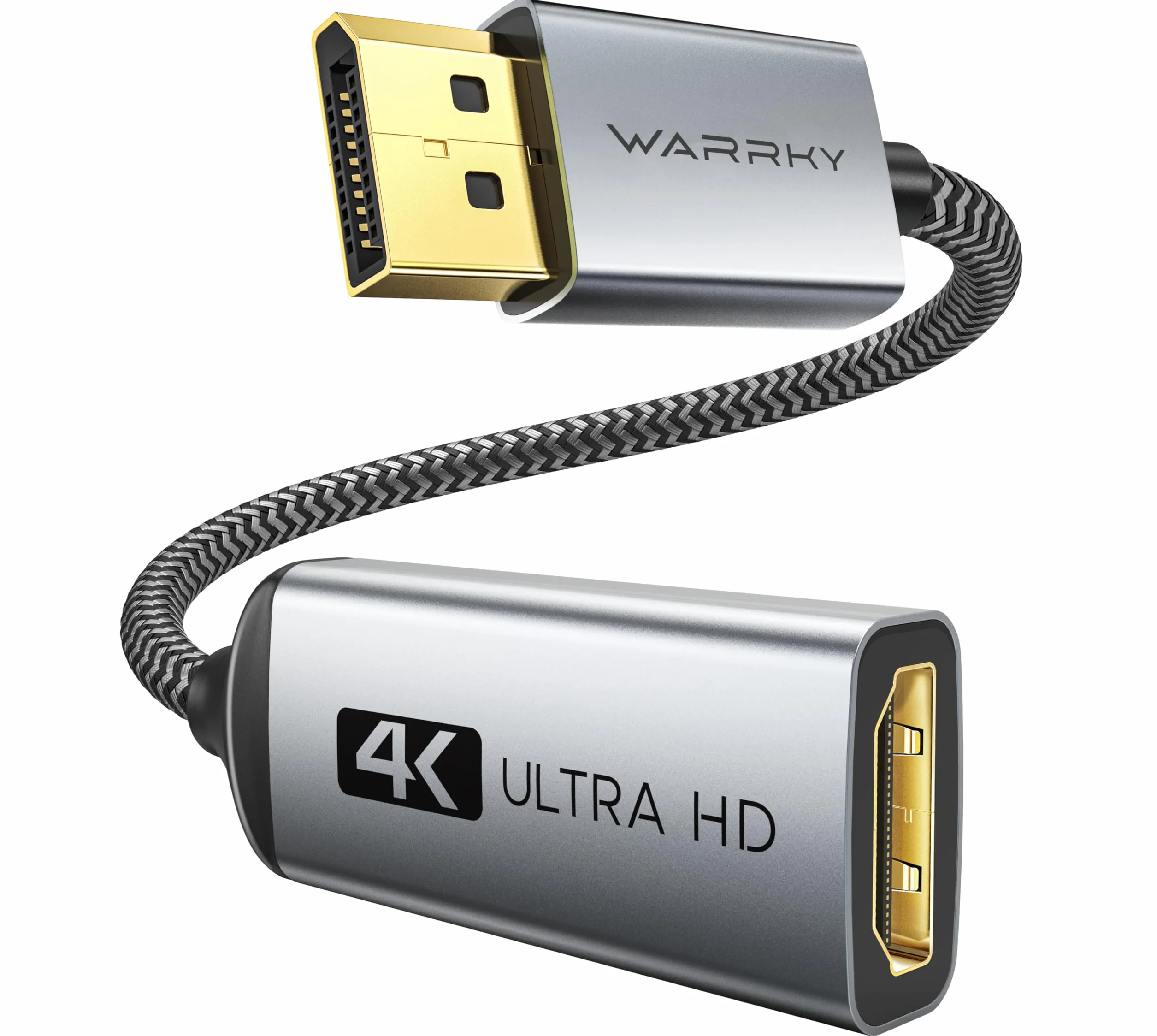 WARRKY Adaptateur DisplayPort vers HDMI 4K, Convertisseur DP 1.2 vers HDMI 1.4 Nylon Tressé pour Lenovo, HP, Dell, ASUS - Gris