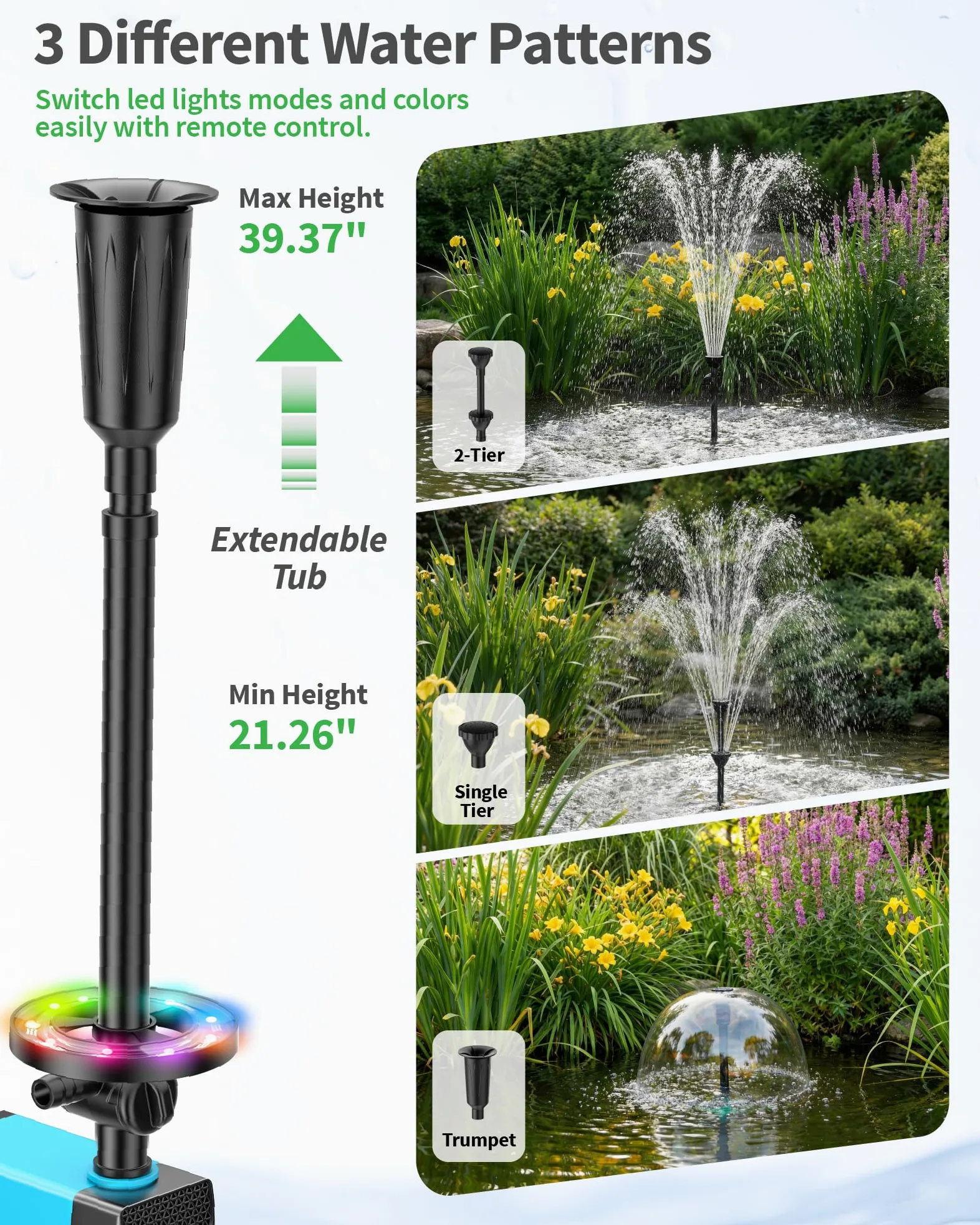 POPOSOAP Fontaine de Bassin Solaire avec lumières RGB - Pompe Submersible 40W, débit 2100L/h, Hauteur et débit réglables pour décoration Jour & Nuit et amélioration de la qualité de l’Eau