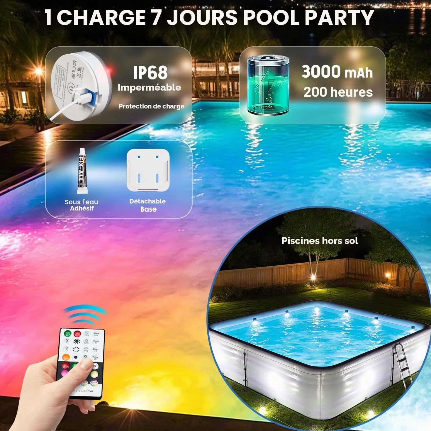 Lampes sous-marines LED RVB magnétiques submersibles 16 couleurs 9 modes pour piscines hors sol et creusées