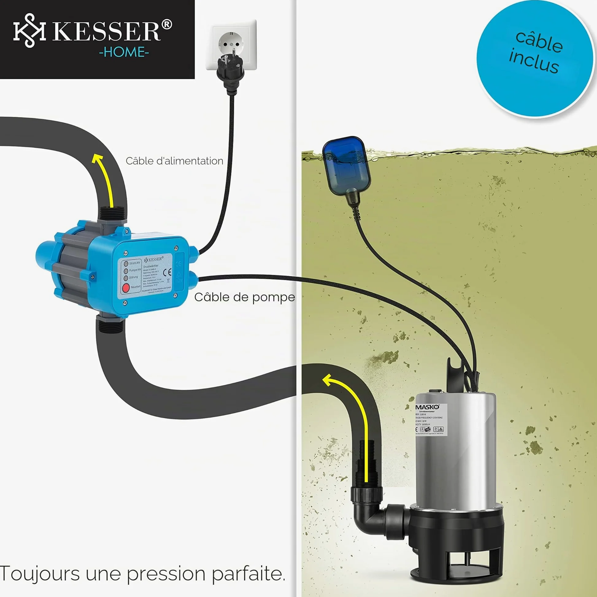 KESSER Interrupteur de pression - 10 bar - Commande de pompe - Eau domestique - Arrosage de jardin - Avec câble - Pression constante de l'eau - Jardin et maison - Arrêt automatique