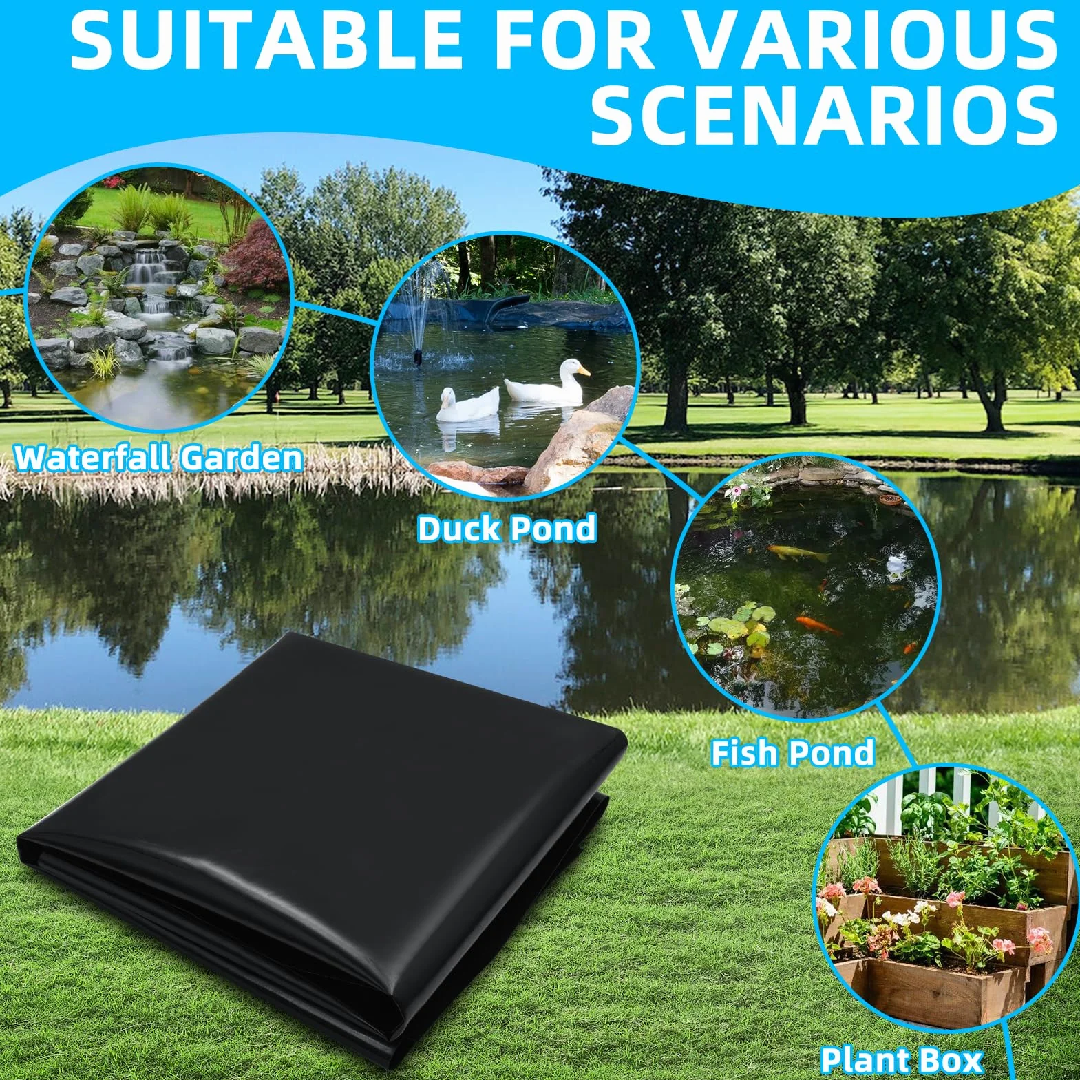 Bâche de Bassin en PVC de qualité supérieure 6x8M, Noire, en PEHD, très résistante, Film d'étanchéité pour Bassin de baignade, bassins à Poissons, fontaines, Jardins Aquatiques et Cascades