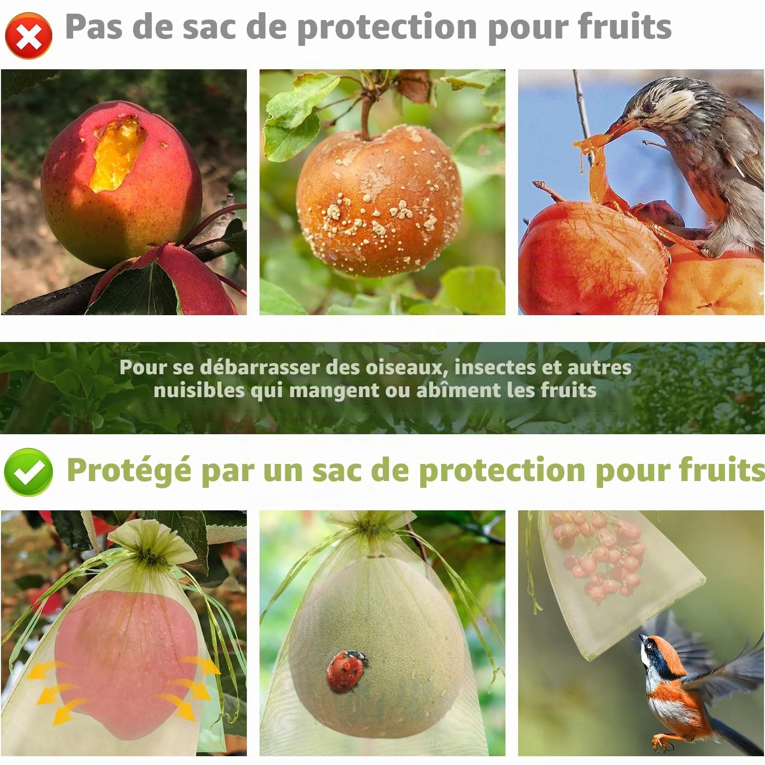 Sacs de protection pour raisins avec cordon de serrage 100 pièces - Réutilisables et respirants pour fruits (23 x 17 cm)