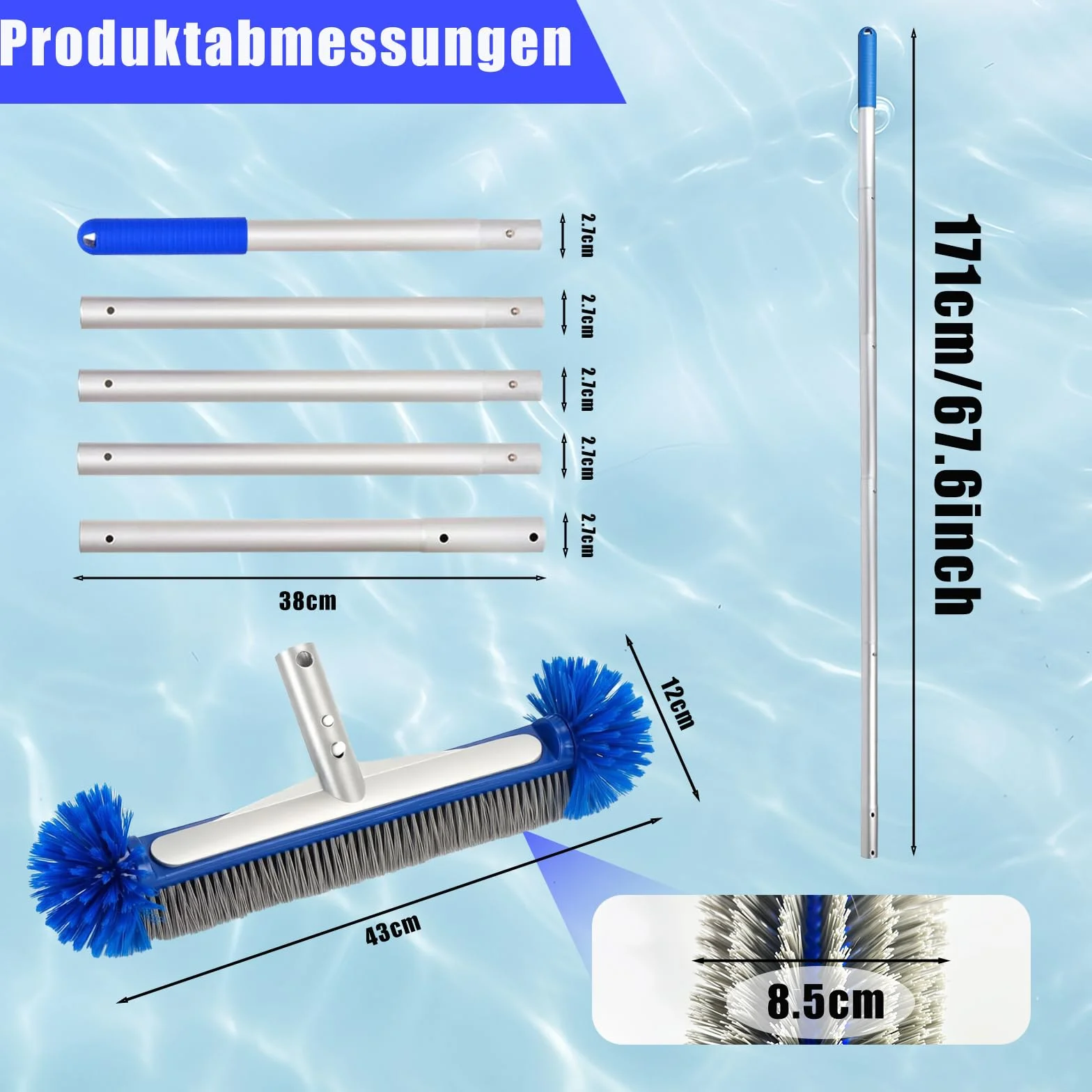 Brosse Piscine Ronde Nettoyage avec Tige Télescopique Tête Détachable Poils Robustes Fond Parois