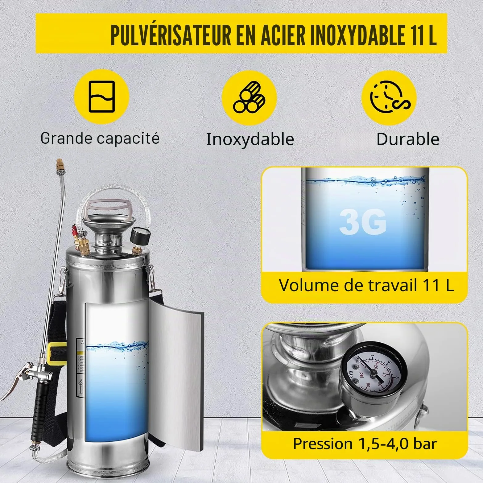 VEVOR Pulvérisateur à Pression 6 l en Acier Inoxydable avec Valve et manomètre Convient pour la Maison, Le Jardin, Les véhicules touristiques, Les véhicules spéciaux, Les navires, Le Nettoyage des