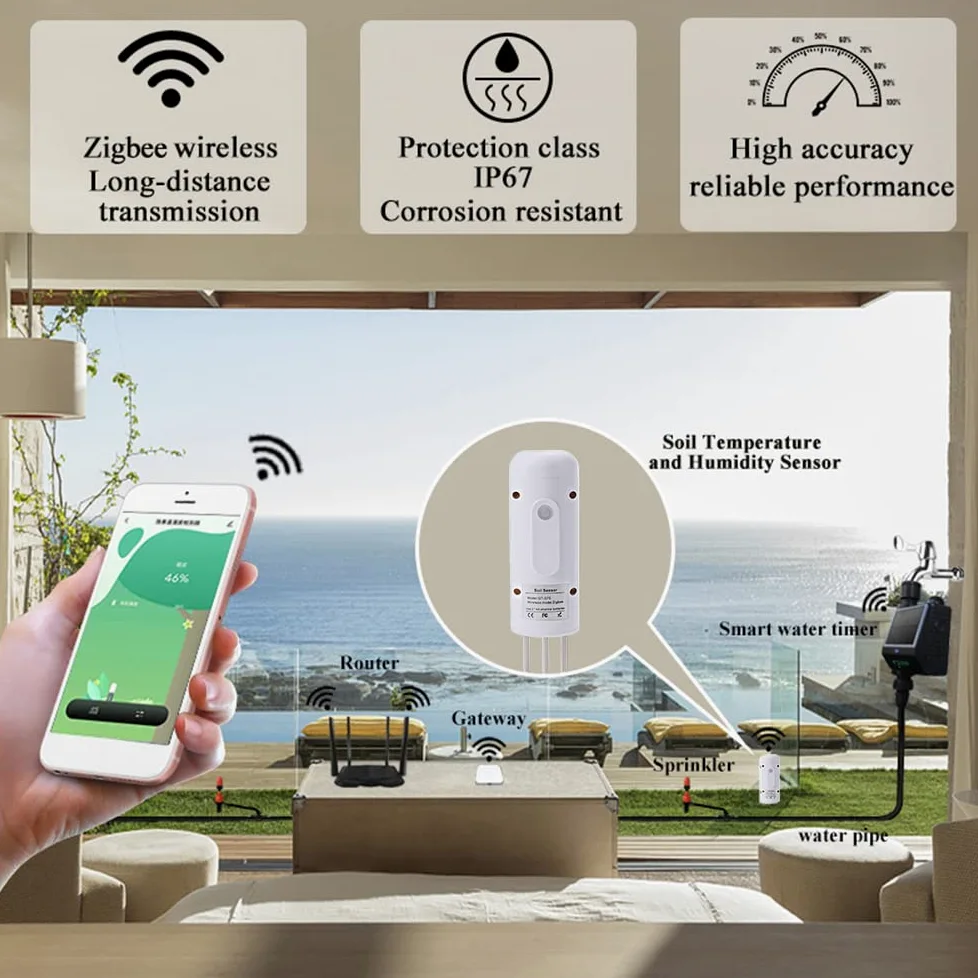 Tuya Zigbee Testeur d'humidité du sol sans fil Détecteur étanche IP67 pour plantation de jardin