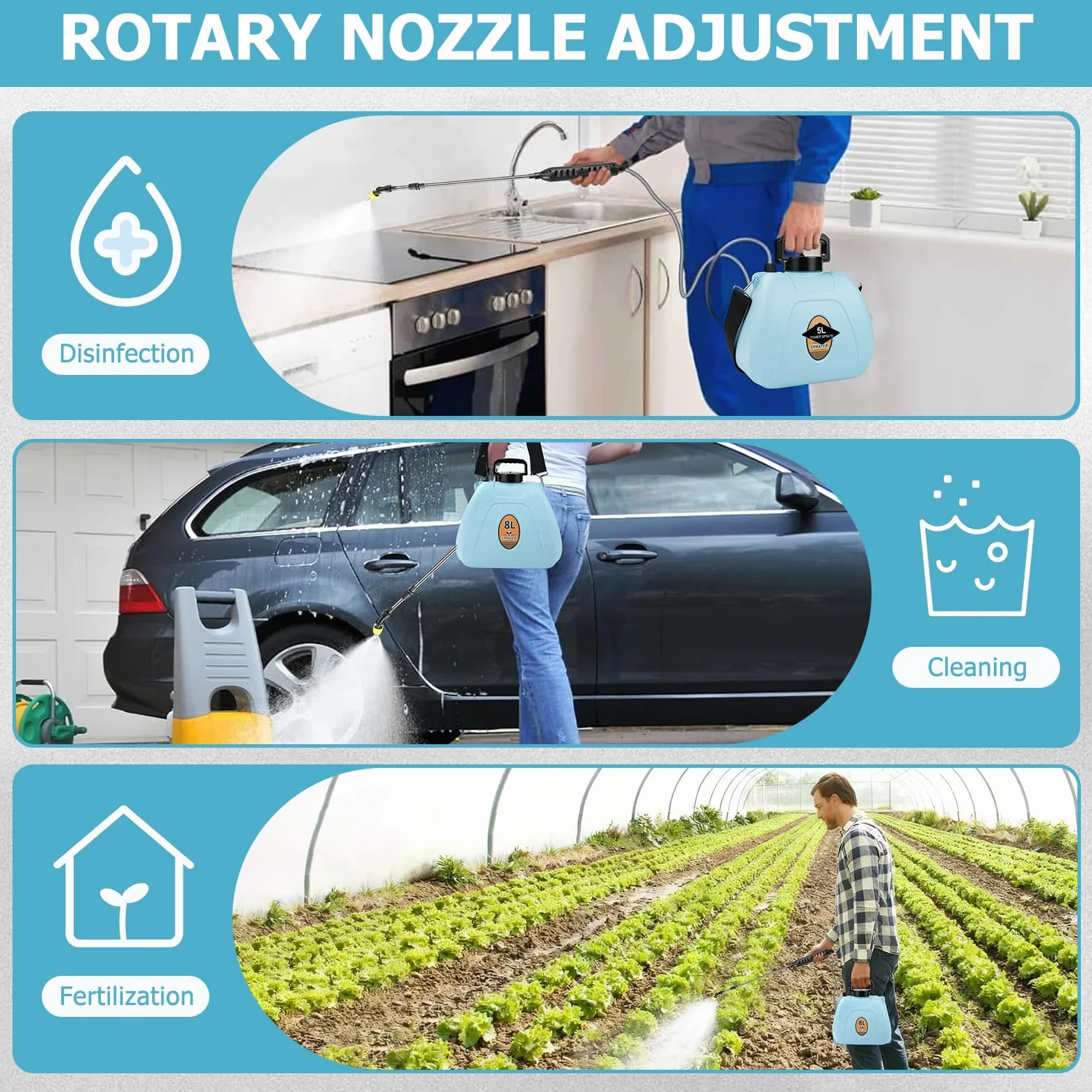 Pulvérisateur de Jardin Électrique de 8 litres, Pulvérisateur à Pression sans Fil, Capacité de Désinfection et d'arrosage pour Désherbage, Jardin et Lavage de Voiture(1500 mAh)