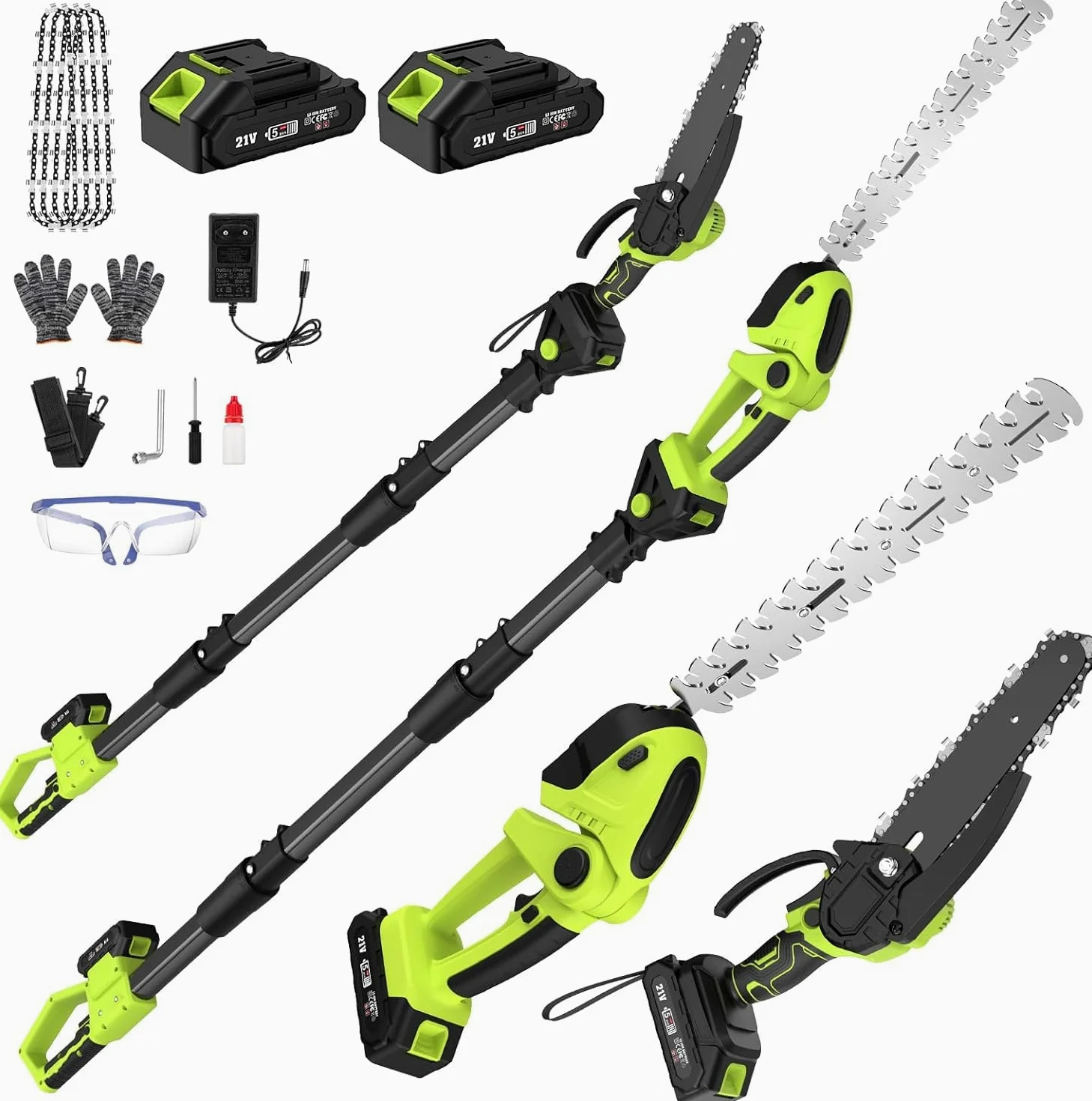 Tronçonneuse Électrique et Taille Haie sans Fil avec Perche 4 en 1, Élagueuse sur Perche avec 4 Chaînes 2 Batteries Taille Haies Telescopique, Angle Réglable, Idéal Jardin Verger Élagage/Taille Haie