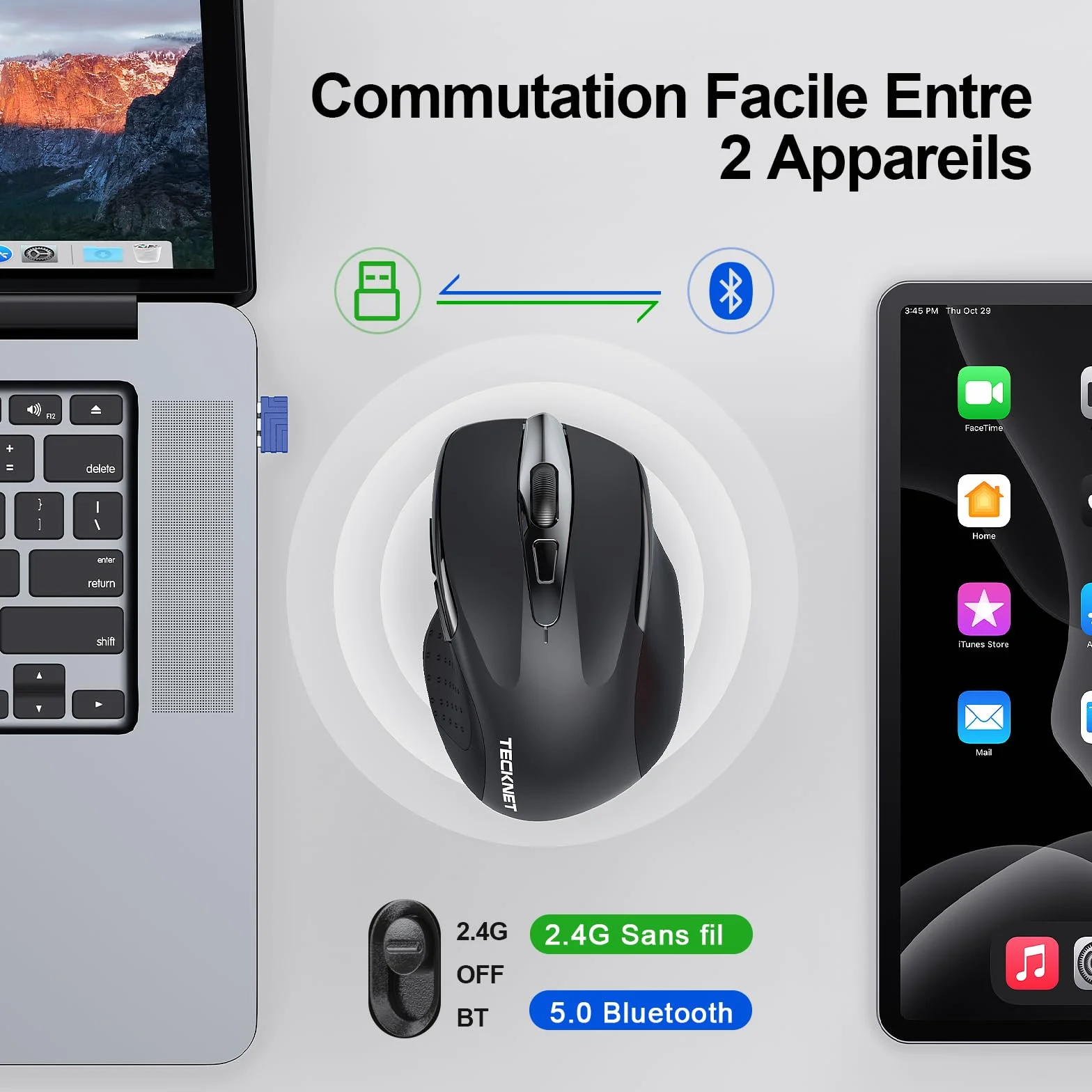 TECKNET Souris Bluetooth sans Fil Rechargeable Silencieuse 3 Modes 4800 DPI Ergonomique Noir