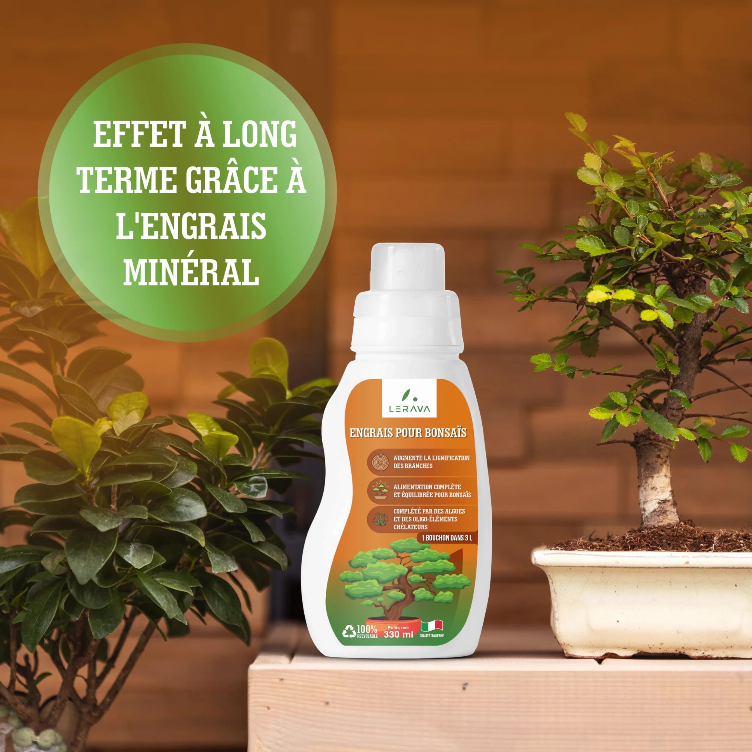 LERAVA Engrais Bonsai Liquide 330ml avec Tapo Doseur - Engrais Ficus Ginseng, Carmona, Tamac - Favorise Lignification - Made in Italy