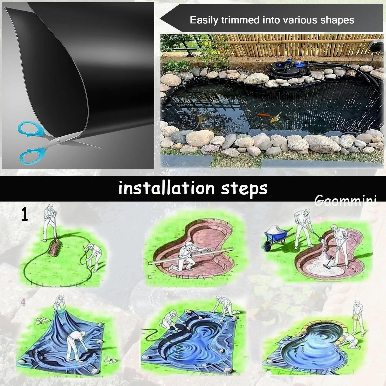 Membrane de bassin de jardin flexible noire - Doublure préformée en polyéthylène haute densité - Sous-couche robuste pour jardin aquatique extérieur