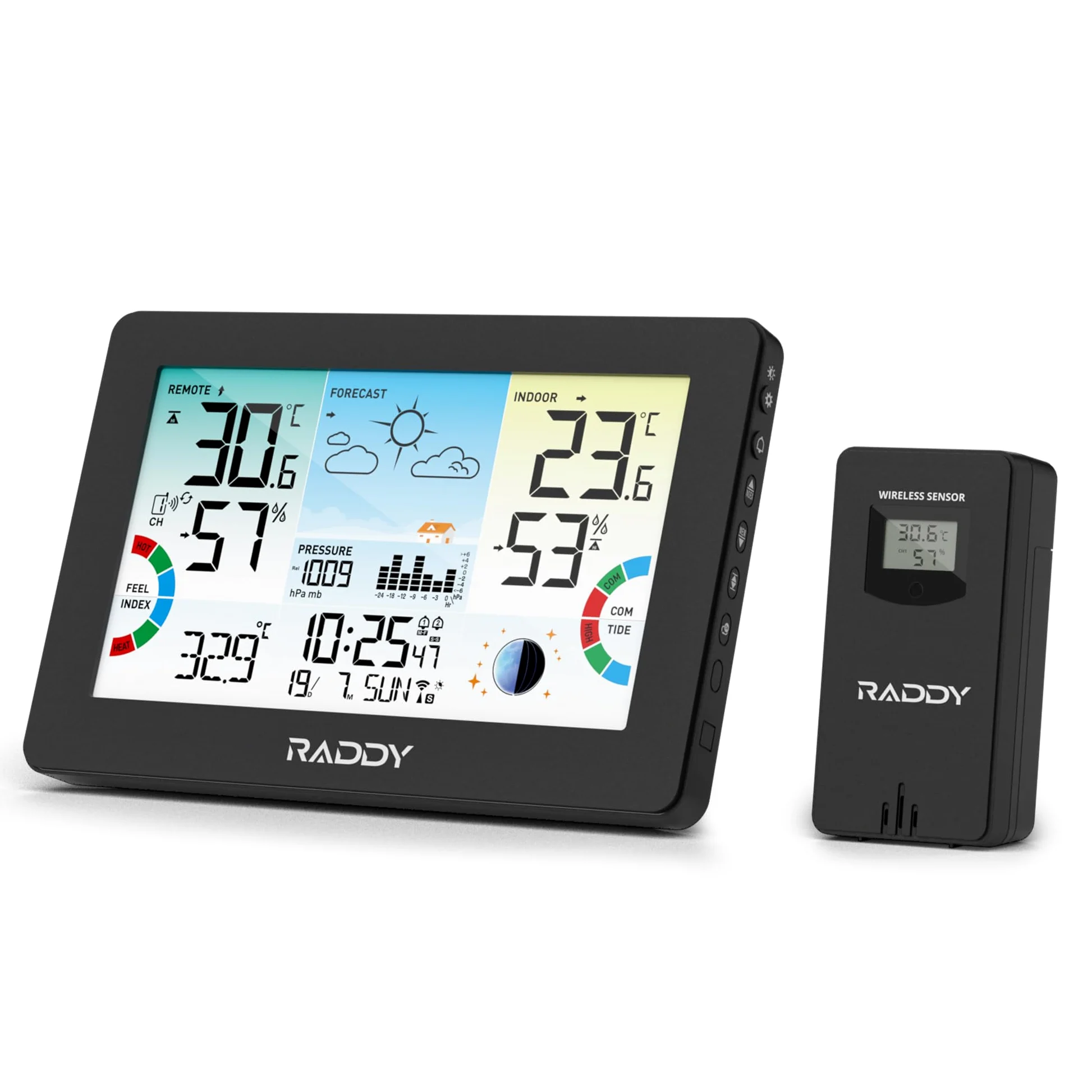 Raddy HW75 Station Météo Sans Fil Intérieur Extérieur, Écran Couleur 7,5", Thermomètre Hygromètre avec Pression Barométrique, Horloge Atomique, Indice de Chaleur, Point de Rosée, Phase Lunaire, Jardin