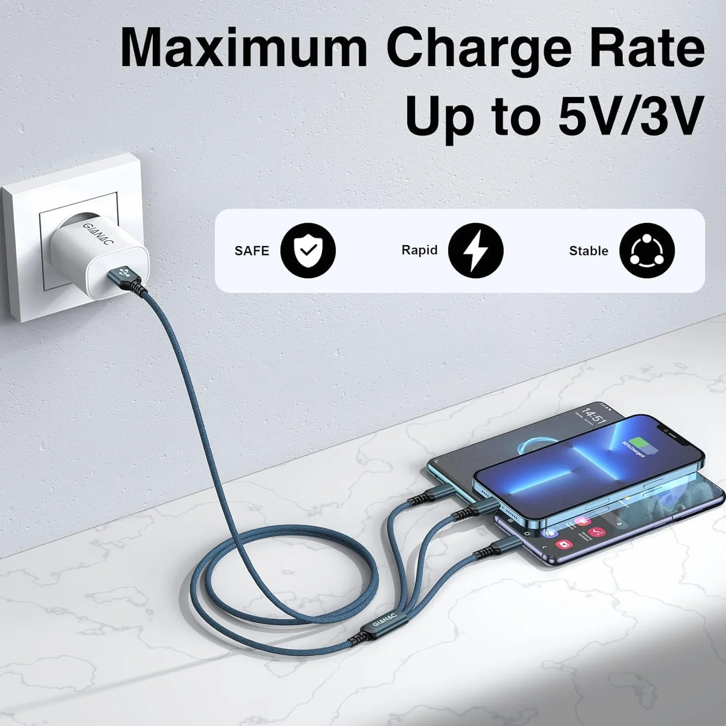 Câble Chargeur Multi Embout 3 en 1 Universel 1.2M Lot de 3 avec Lightning USB C Micro Connecteur pour iPhone 13 12 11 XS Galaxy S21 S20 Huawei P30 P20
