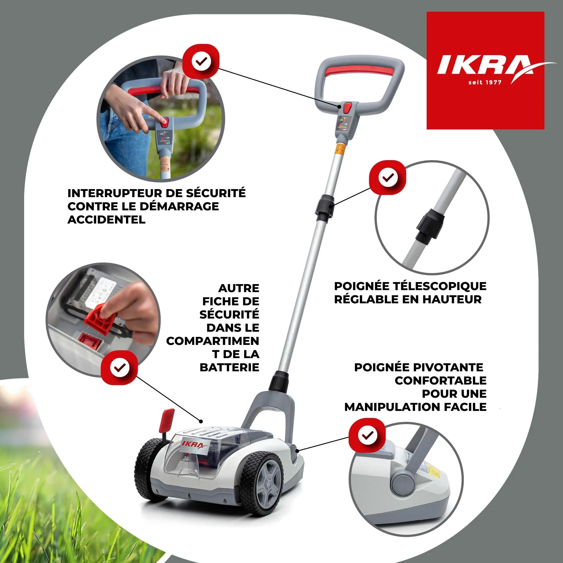 IKRA Tondeuse à Gazon sans Fil ICHM 20, avec Batterie 20 V et Chargeur | Avec fonction mulching, recommandation pour 50 m², largeur 21 cm, hauteur de coupe 25-48 mm, gamme de batteries 20 V d'IKRA