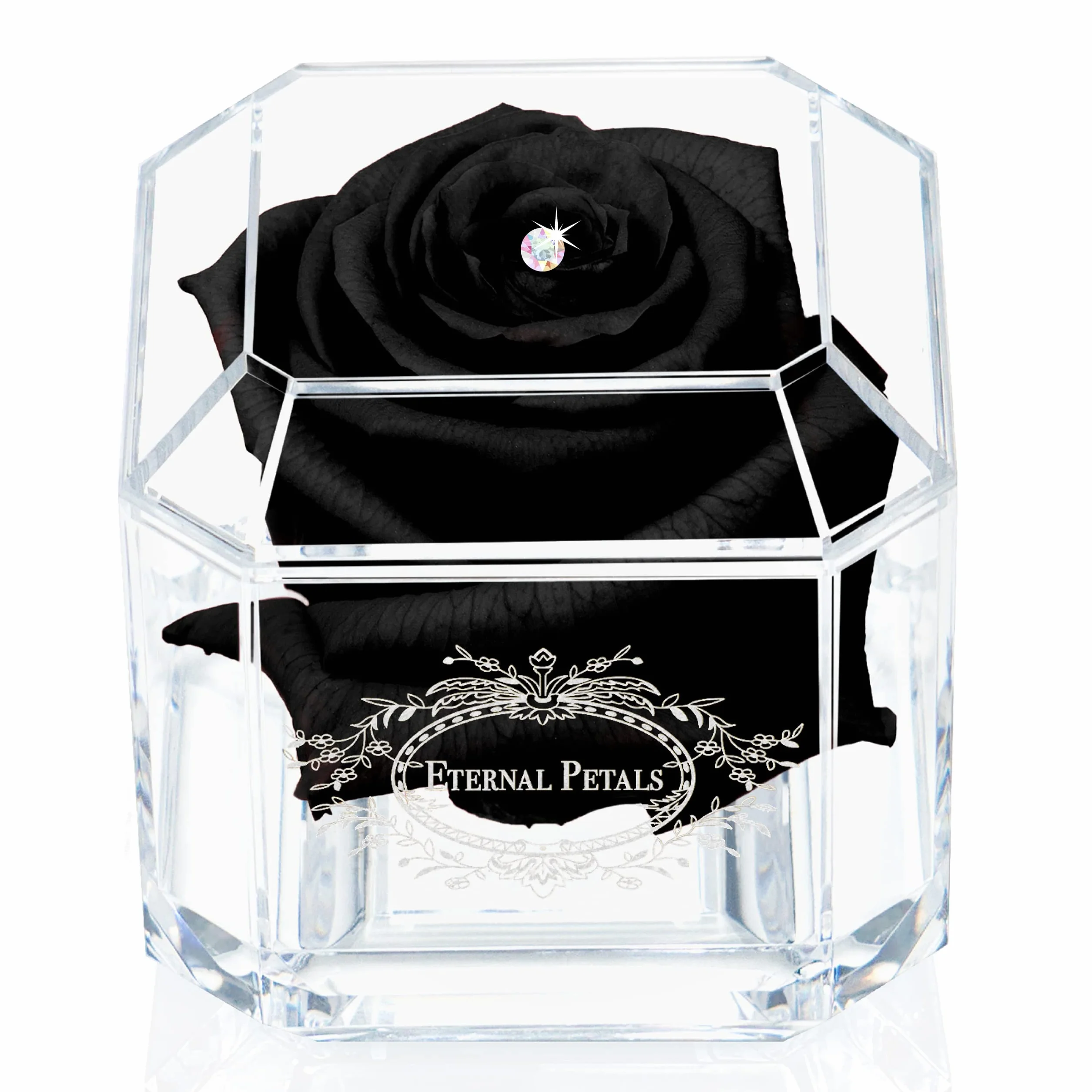 Eternal Petals White Gold Solo Rose with Multicolor Swarovski Crystal Black
