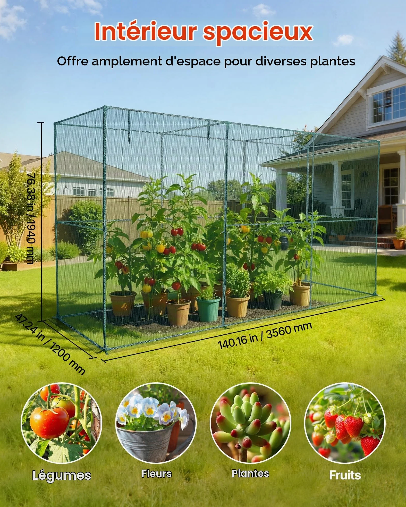 VEVOR Cage à Culture Jardin 3,56x1,2x1,94 m Cage à Plantes avec Porte Zippée pour Tomates, Filet Anti Oiseaux Résistante au Vent Filet de Protection de Plantes Couverture de Potager Surélevé Extérieur