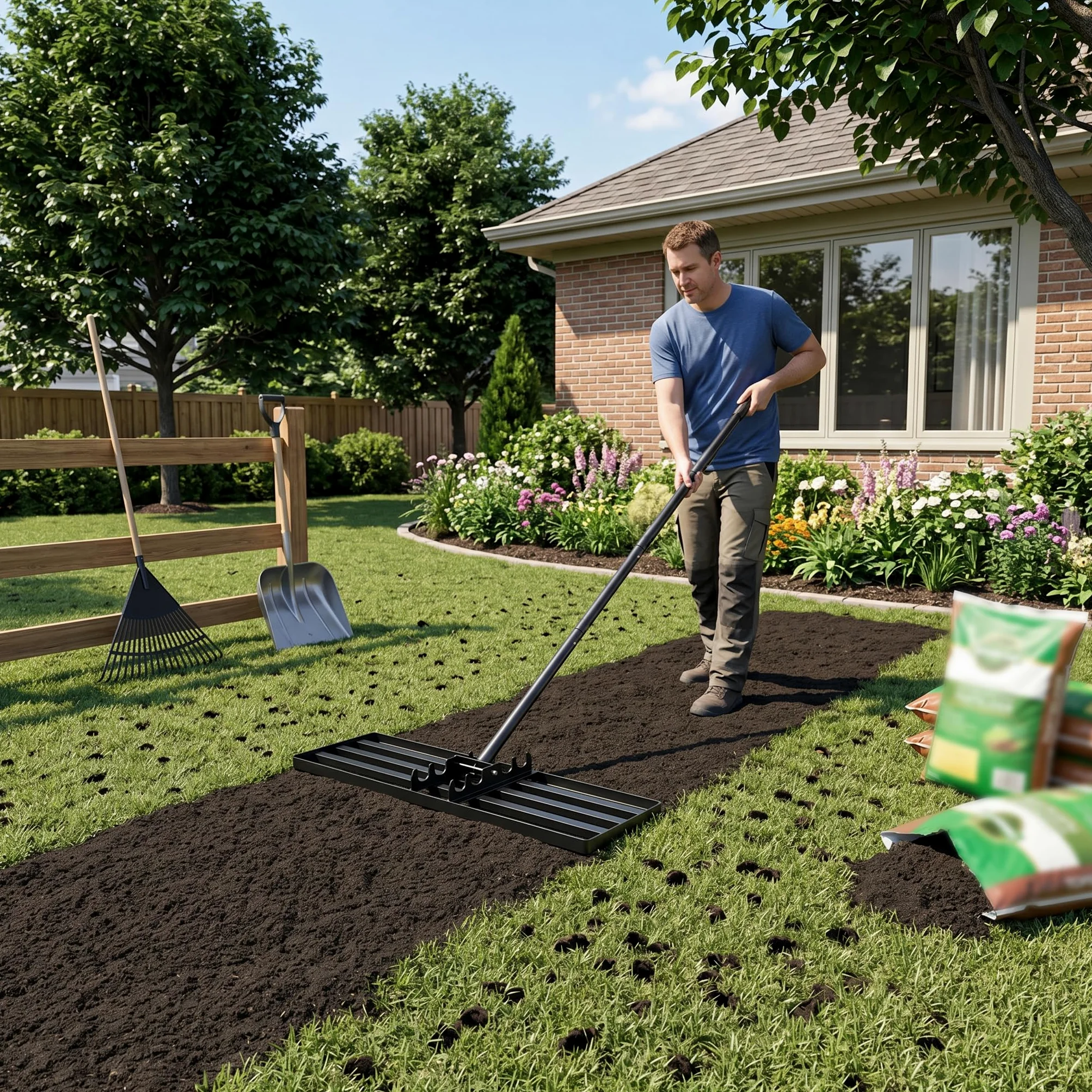Froadp Grattoir de pelouse en acier inoxydable râteau de jardin avec poignée en caoutchouc antidérapant longueur réglable 101-202 cm pour sable, retrait de pelouse parfait (25 x 50 cm)