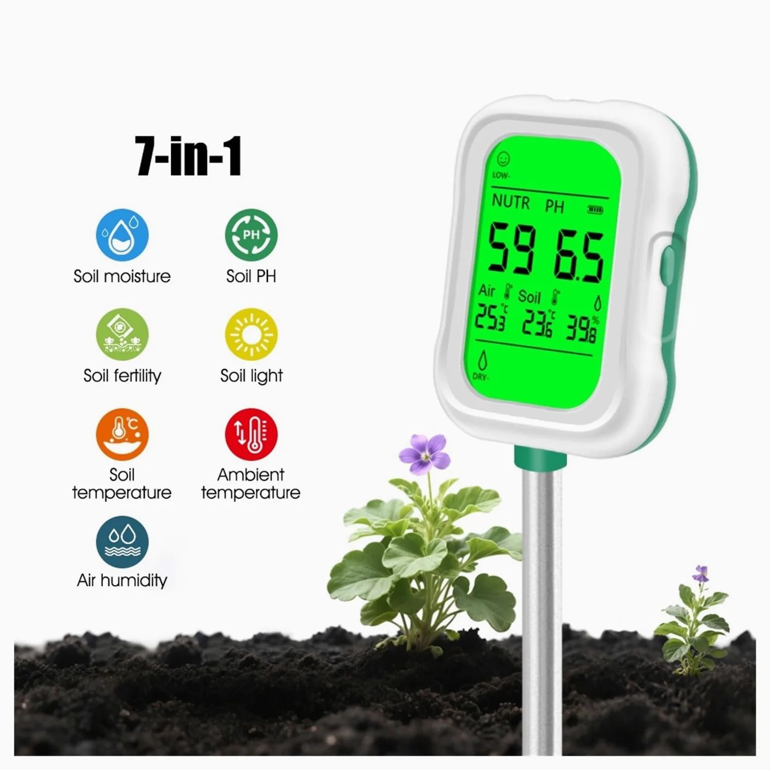 Testeur de Sol numérique 7 en 1, pH, humidité, lumière, fertilité, température, for Plantes Jardin, Ferme, Agriculture Jardinage, Agriculture