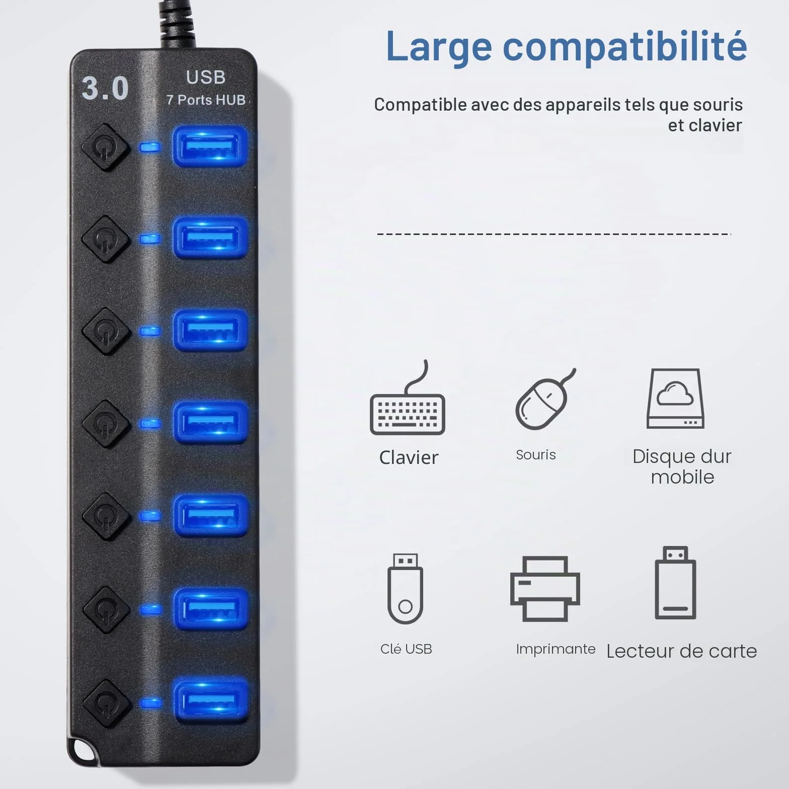 Hoppac Hub 7 en 1 Multiprise USB 3.0 2.0 Port Multiple PC Transfert Données Recharge Interrupteur LED 1M