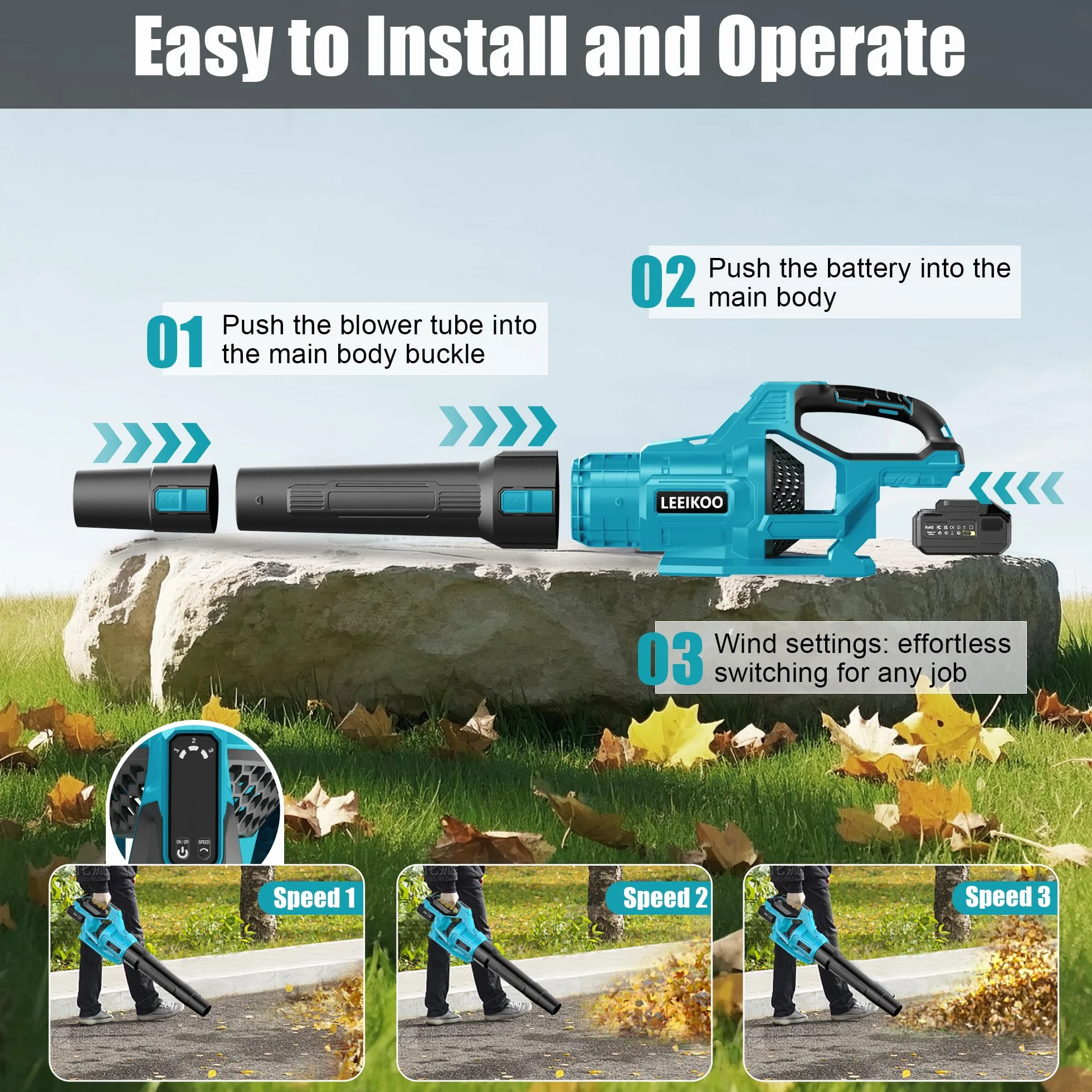 Souffleur Batterie, 21V Souffleur de Feuilles avec 2 Batteries 4,0Ah, 3 Vitesses, 2 Tubes de Soufflage, Sangle Souffleur à Batterie pour Nettoyage de Jardin