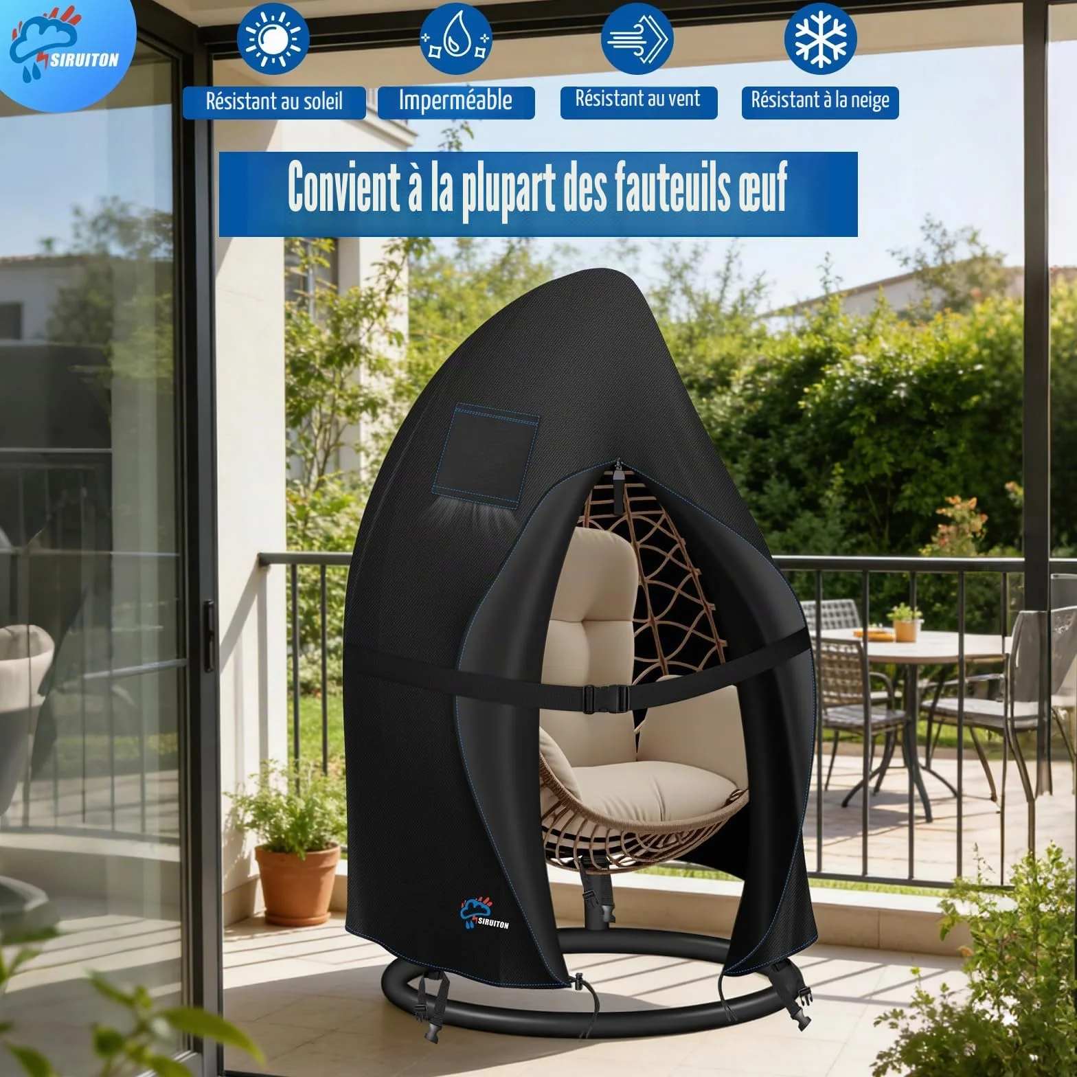 SIRUITON Housse de chaise de patio Ø120x190cm imperméable 210D avec fermeture éclair